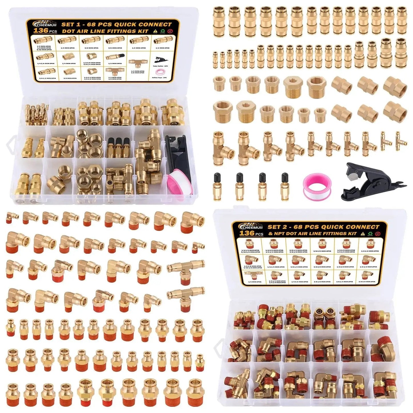 Brass DOT Air Line Fittings Kit 136 Piece Set With Push To Connect and Push Lock Quick Connect Fittings organized in storage case.