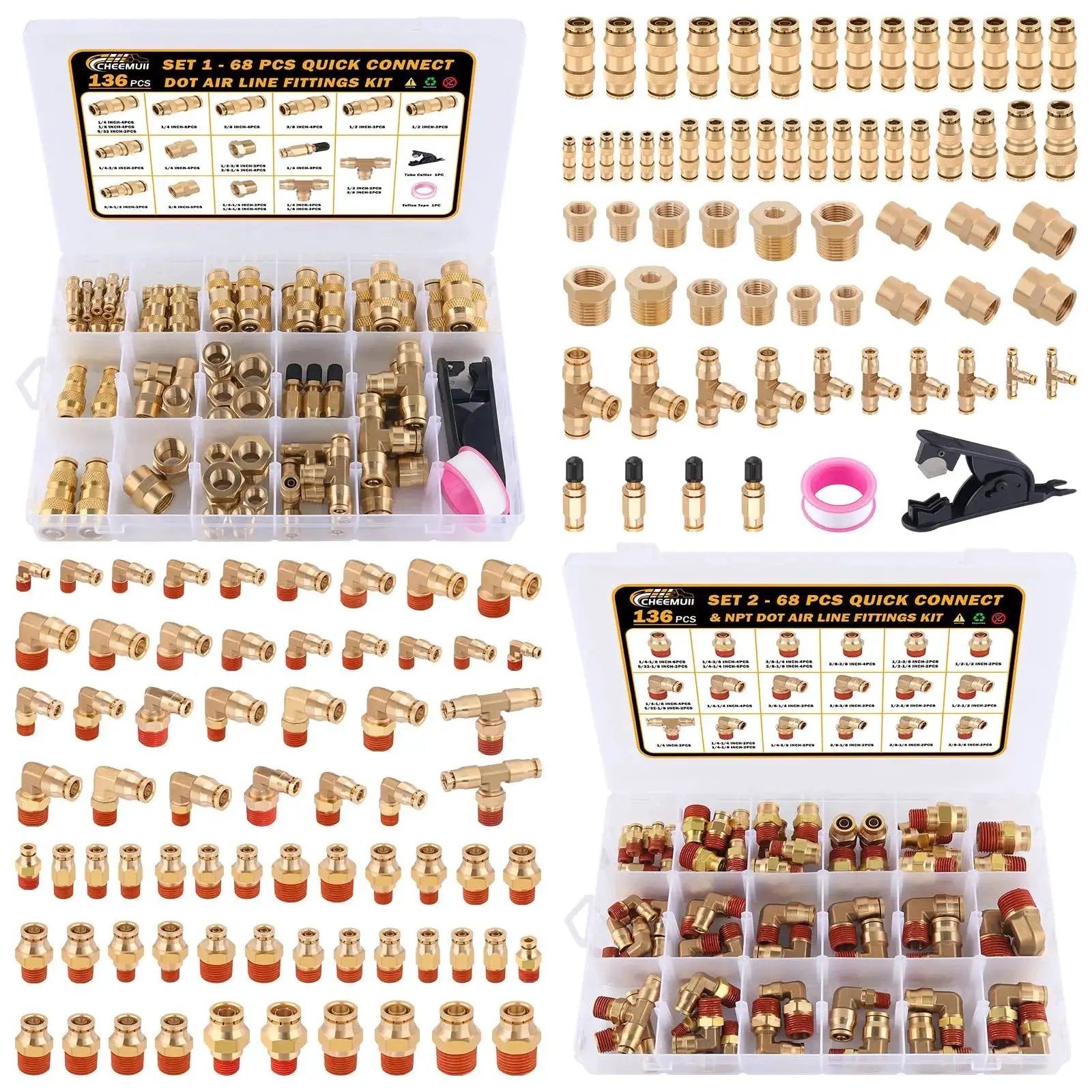 Brass DOT Air Line Fittings Kit 136 Piece Set With Push To Connect and Push Lock Quick Connect Fittings organized in storage case.