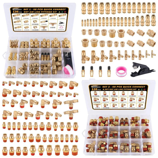 Brass DOT Air Line Fittings Kit 136 Piece Set With Push To Connect and Push Lock Quick Connect Fittings organized in storage case.