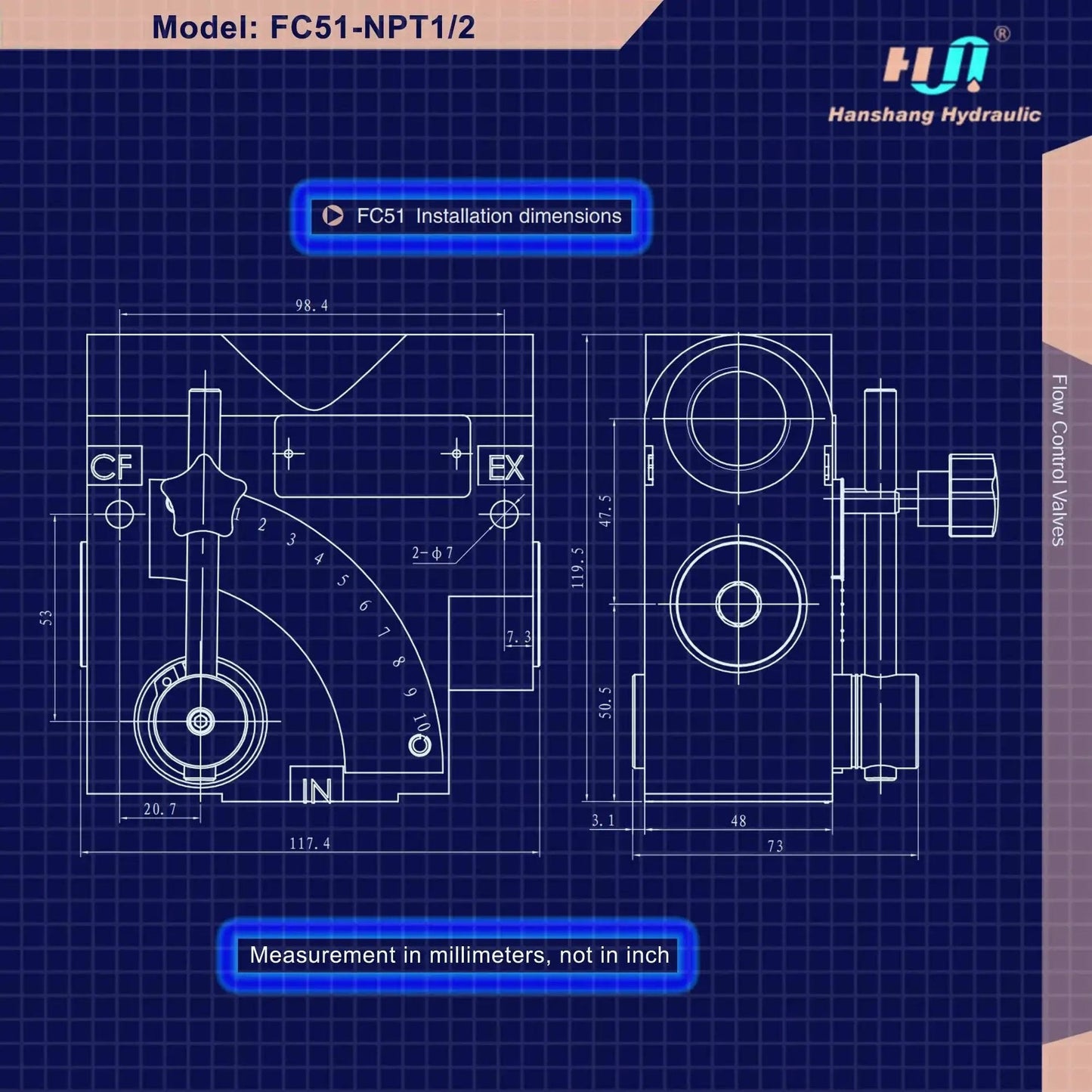 Technical drawing of the Hydraulic Adjustable Flow Directional Control Valve For Half Inch NPT Port And 30 GPM FC51.