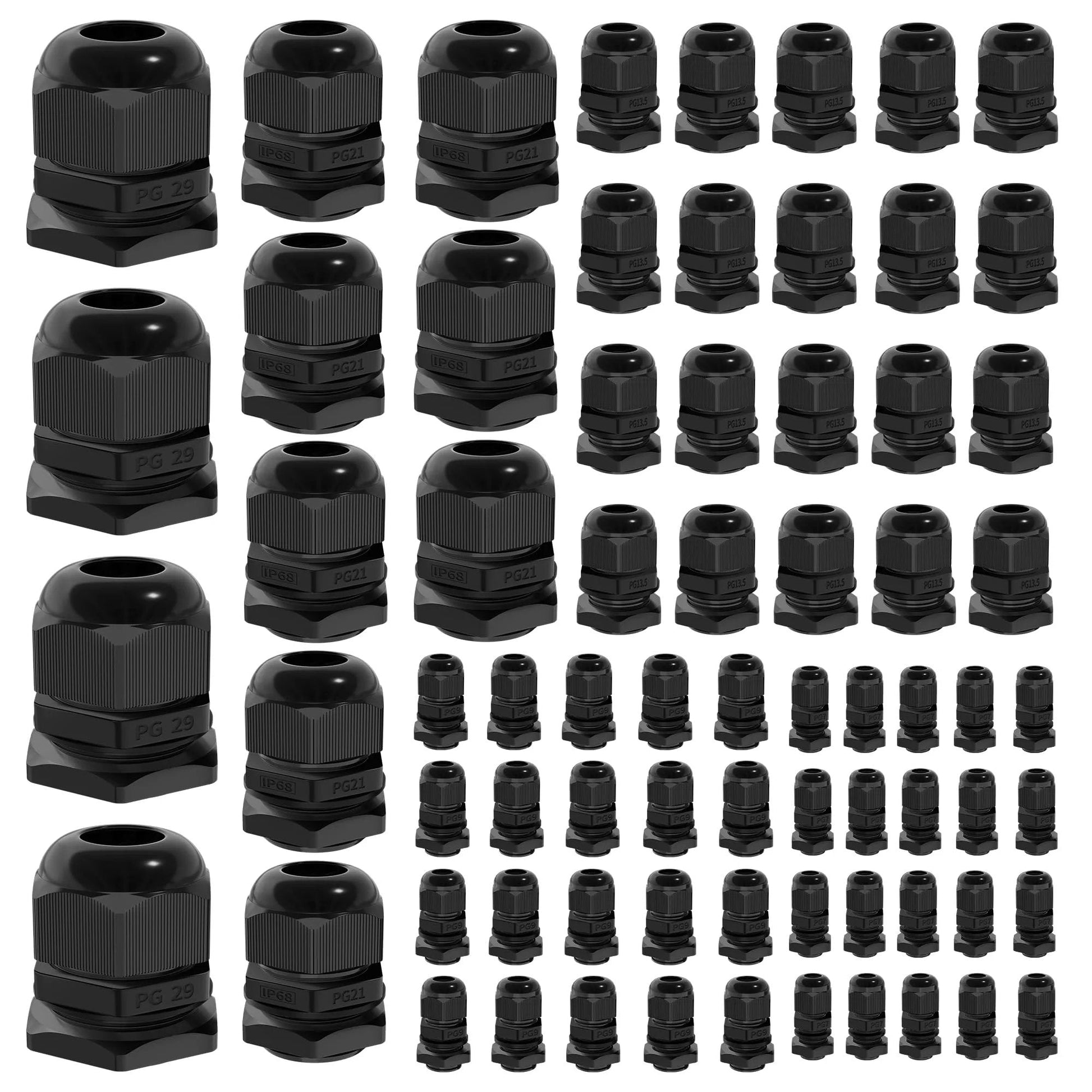 72 Piece Cable Glands Kit Waterproof Strain Relief Cord Grip Weatherproof Pass Through PG7 One Quarter Inch One Half Inch Three Quarter Inch One Inch NPT Wire Grommets With Extra Long 15mm Thread For Thick Electrical Boxes displayed in rows.