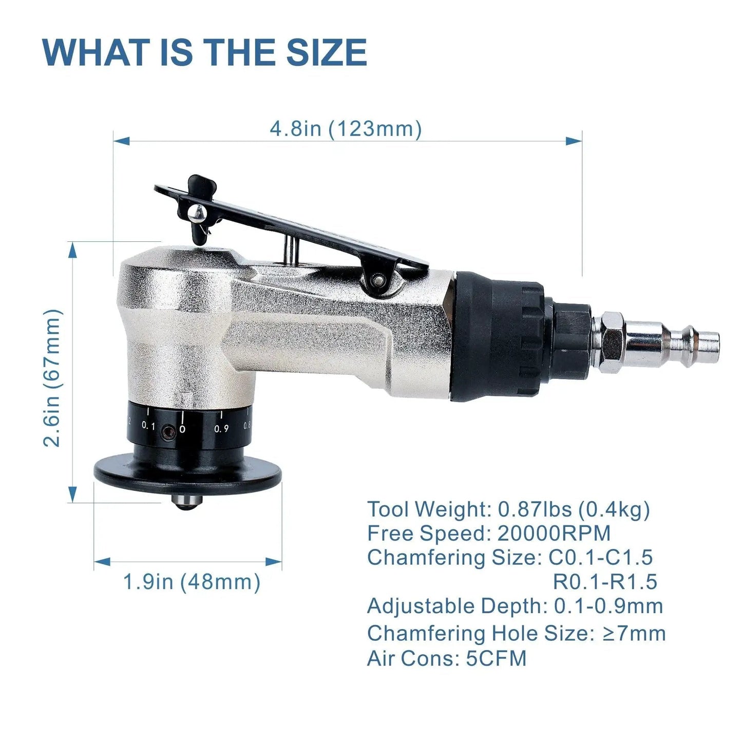 Side view of a Lightweight Pneumatic Chamfer Tool For Metal Deburring, Tiny Yet Mighty Mini Air Beveler with specifications.