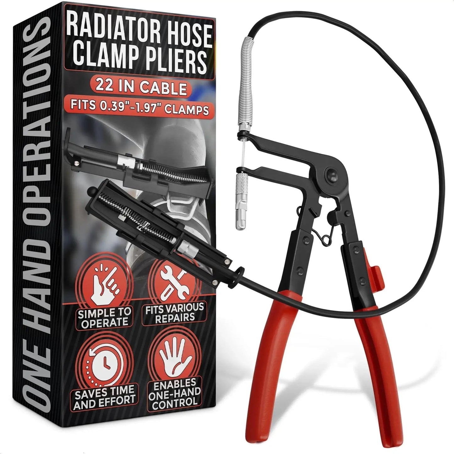Radiator Hose Clamp Tool With Ratchet Locking Pliers for easy one-hand operation, shown with packaging and red handle pliers.
