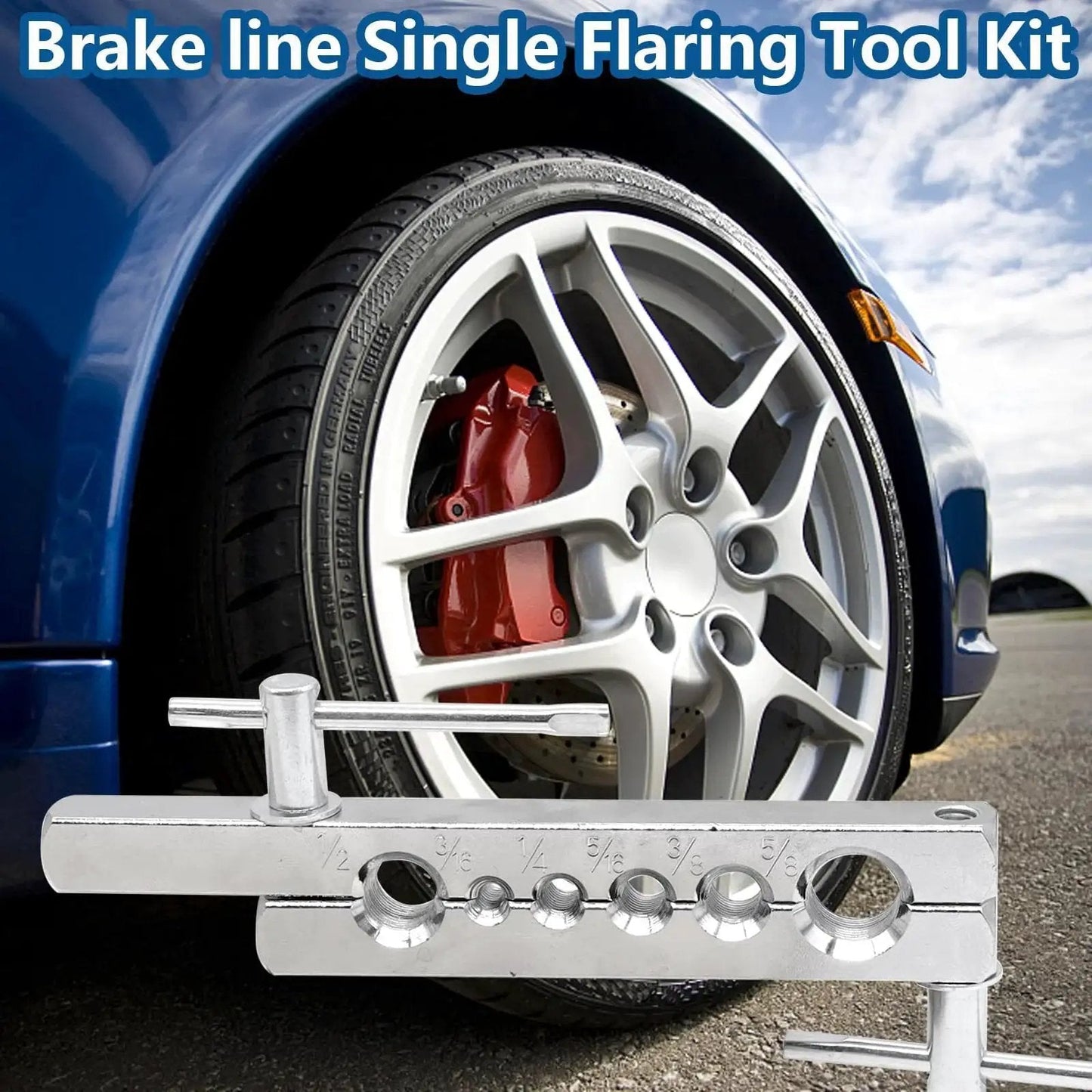 3/16 Inch Brake Line Kit 25 Ft Zinc Plated Fittings, bender, flare tool cutter shown with a car wheel in the background.