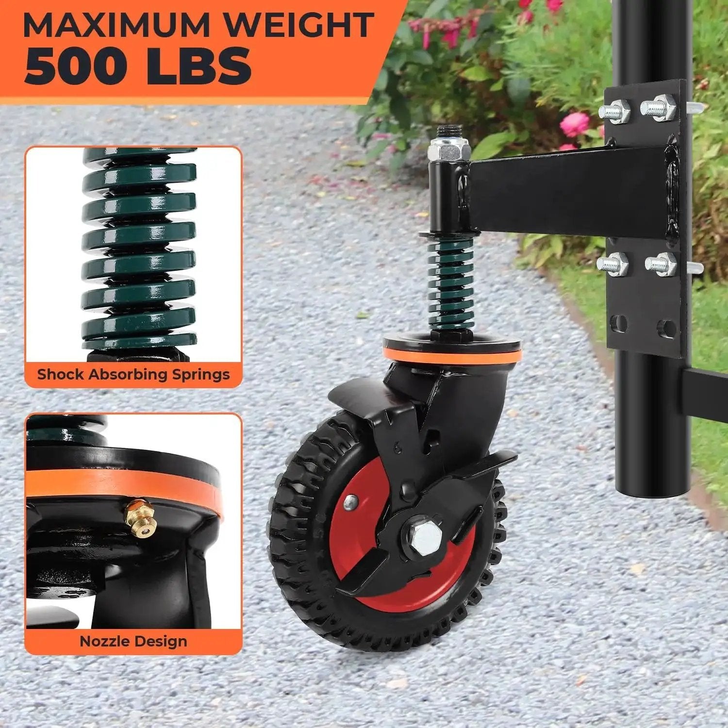 6 Inch Gate Wheels With Brake, 360 Degree Swivel, Spring Loaded Gate Rollers For Metal And Wood Gates, shown installed on a metal frame with a spring and brake mechanism visible.
