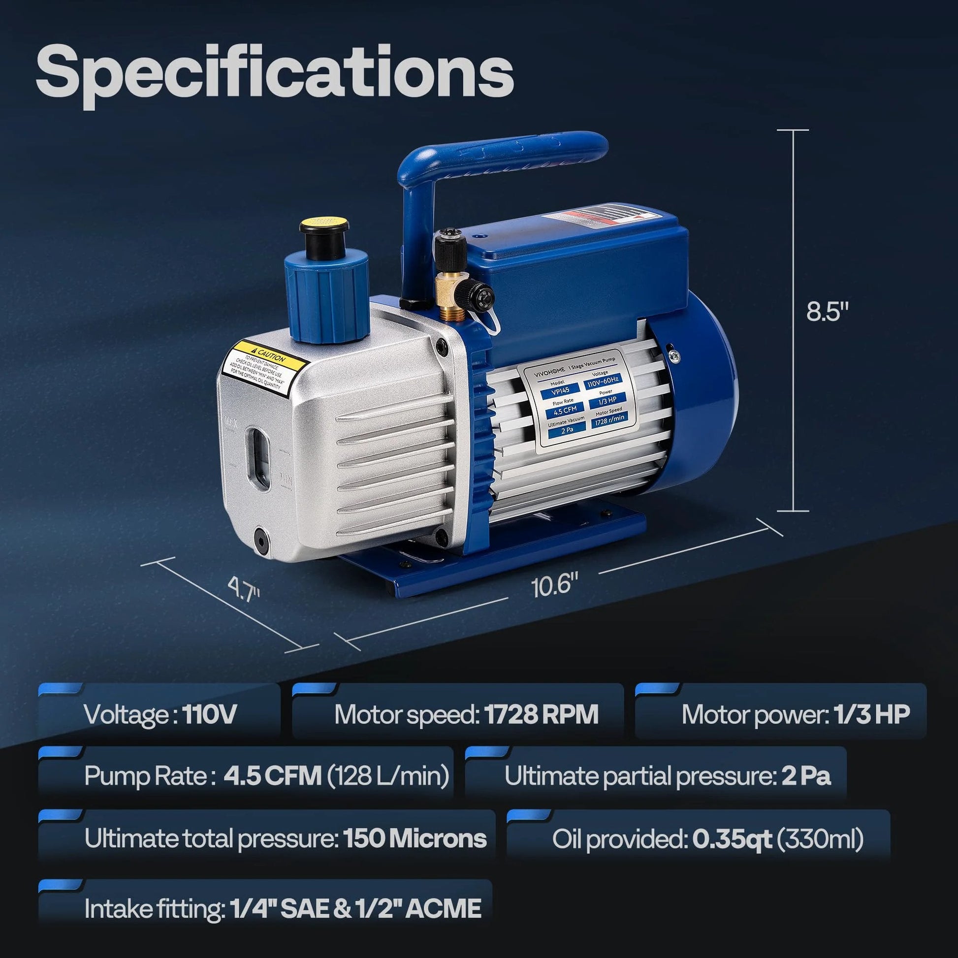 Sparkless One Third HP HVAC Vacuum Pump With 4.5 CFM And Sparkproof Auto On Off Switch 1 Stage A2L Compatible showing specifications.
