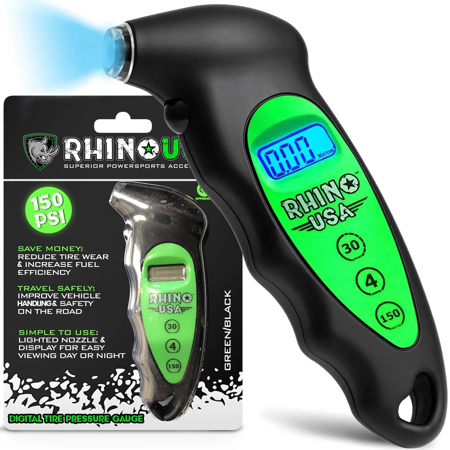 Digital Tire Pressure Gauge 150 PSI With Lighted Nozzle And Backlit LCD Display, ergonomic grip, shown with packaging