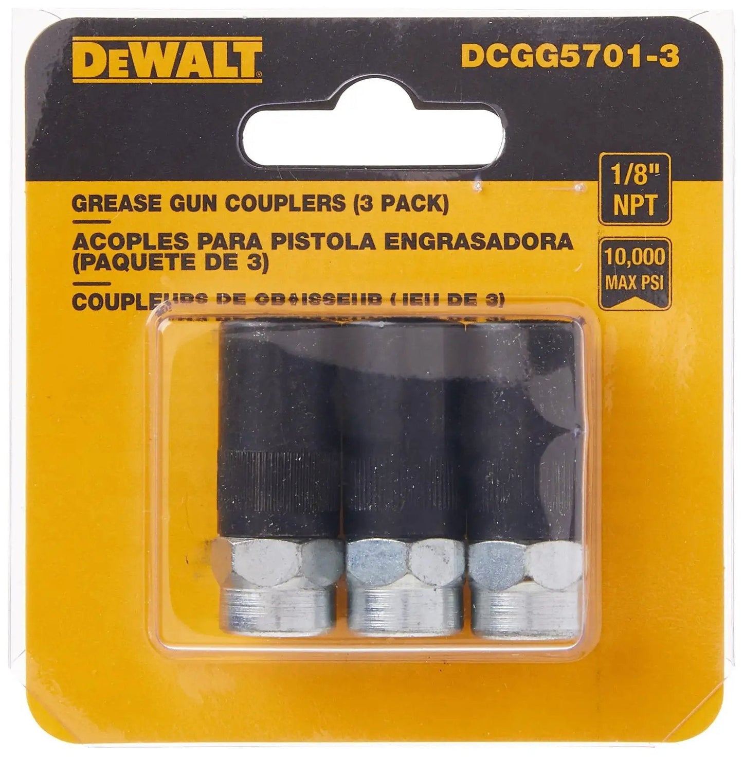 Heavy Duty One Eighth Inch NPT Grease Gun Coupler For Hydraulic Type Fittings Built To Last With Up To 10,000 PSI Capacity Durable 3 Pack Replacement Accessory Ideal For Dewalt Grease Guns And Industrial Use in packaging