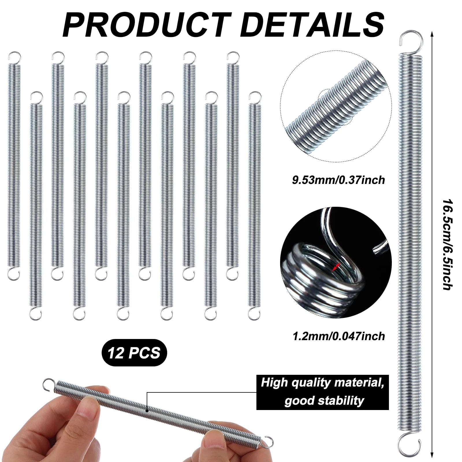 12 Piece Extension Spring Set For Home Repairs And DIY Projects Three Eighths By Six And A Half Inch Zinc Plated With Dual Hook Ends And A Slim 0.047 Inch Wire Great For Machinery Construction And Industrial Use displayed with detailed measurements.