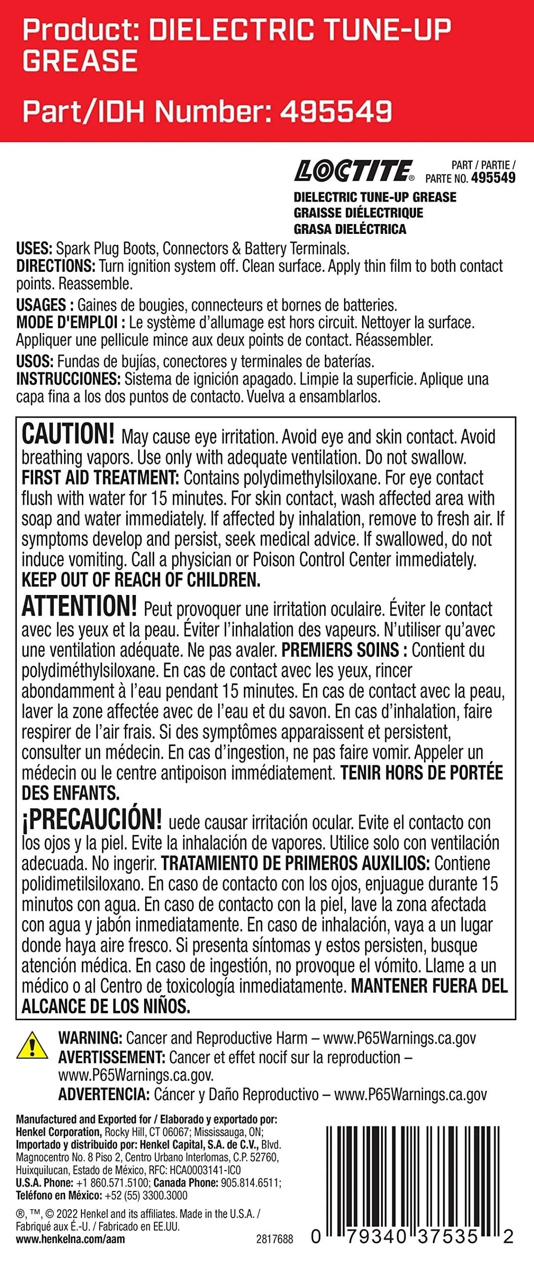 Back label of Loctite Dielectric Tune Up Grease For Electrical Connections And Wiring Provides A Moisture Proof Barrier