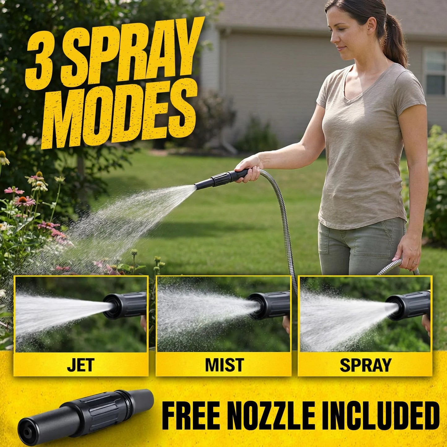 Woman using Ultra Durable 50 Ft Five Eighth Inch Stainless Steel Garden Hose With Sprayer Nozzle For Heavy Duty Watering, 3 spray modes
