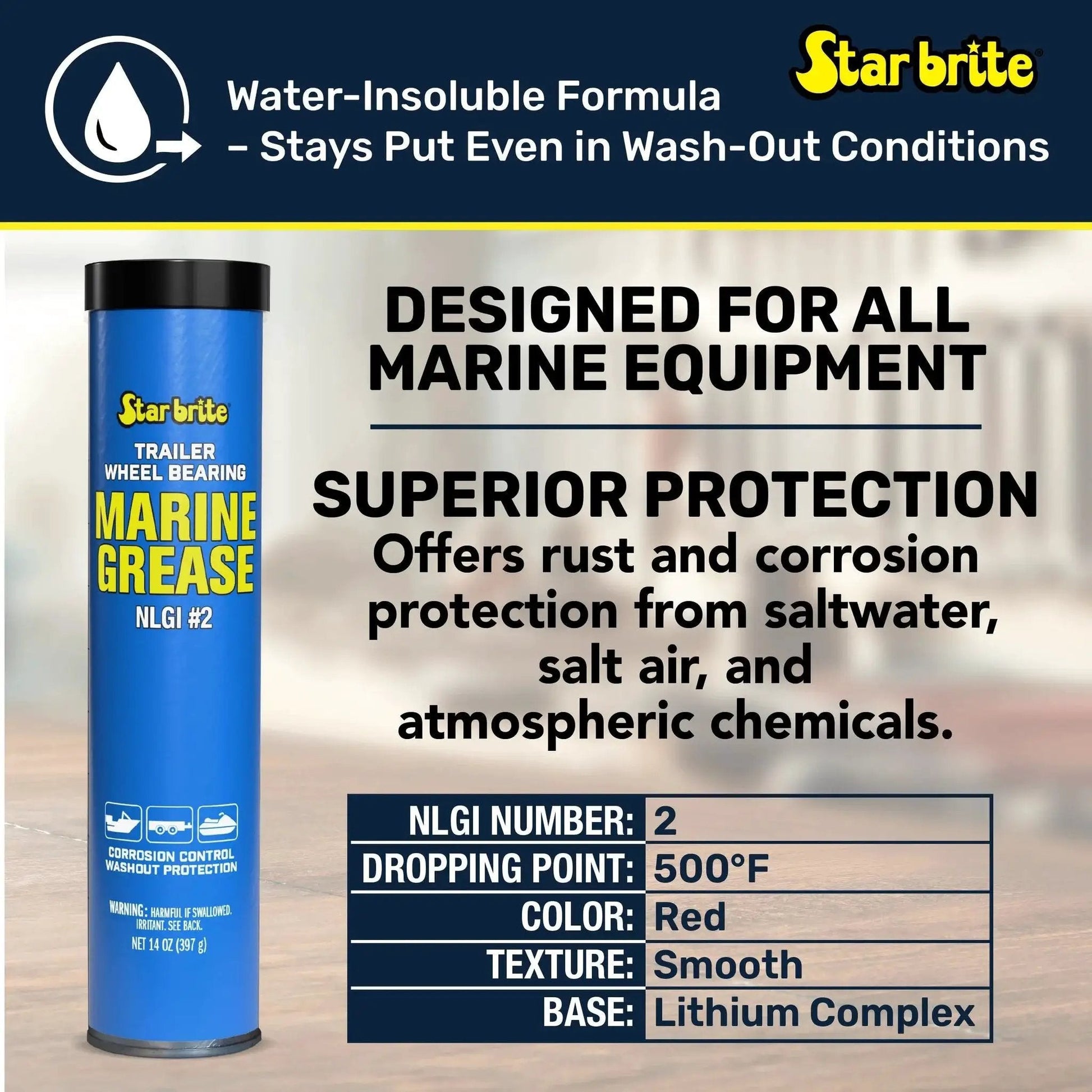 Marine Grade Wheel Bearing Grease for Boat Trailers and Marine Gear, 14 oz cartridge, labeled packaging