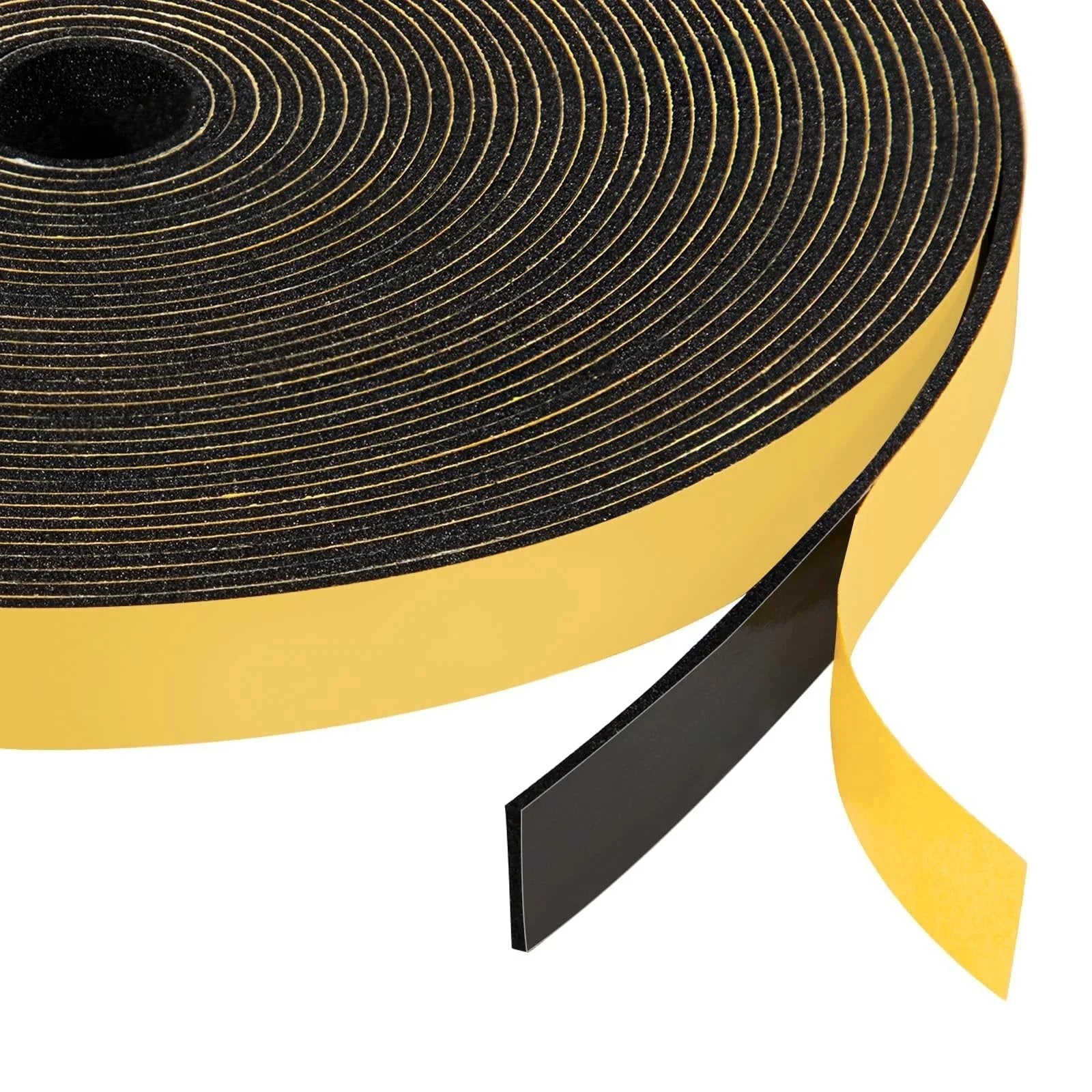 Close-up of a roll of Self-Adhesive Thin Foam Weather Stripping Tape 1/2 Inch Wide by 1/16 Inch Thick, 33 Ft Long with adhesive backing.