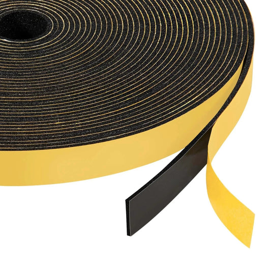 Close-up of a roll of Self-Adhesive Thin Foam Weather Stripping Tape 1/2 Inch Wide by 1/16 Inch Thick, 33 Ft Long with adhesive backing.