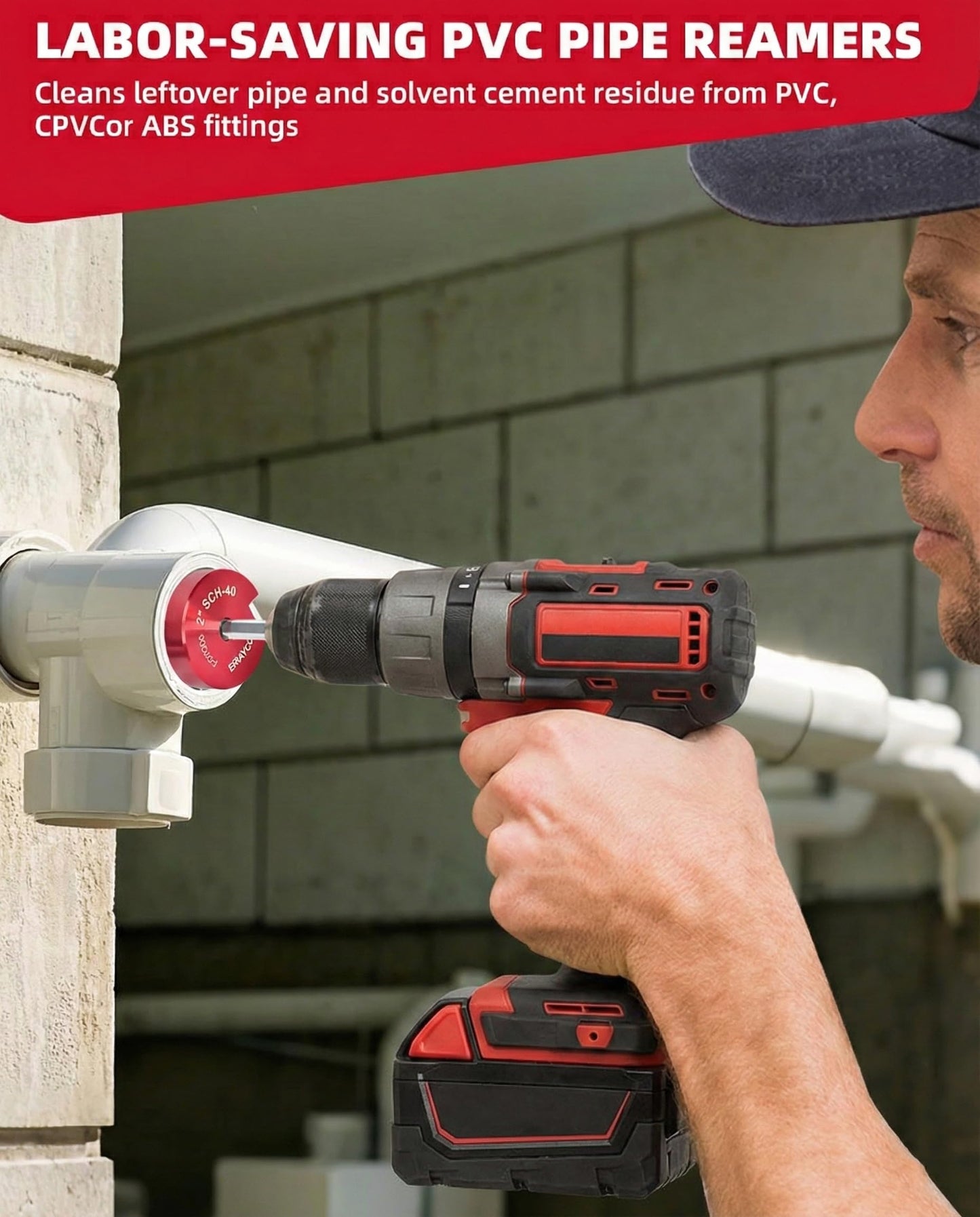 Person using drill with Three Quarter Inch PVC Pipe Reamer Tool For Fittings Fits Standard Half Inch Drills DIY Friendly Plastic Pipe Fitting Saver.