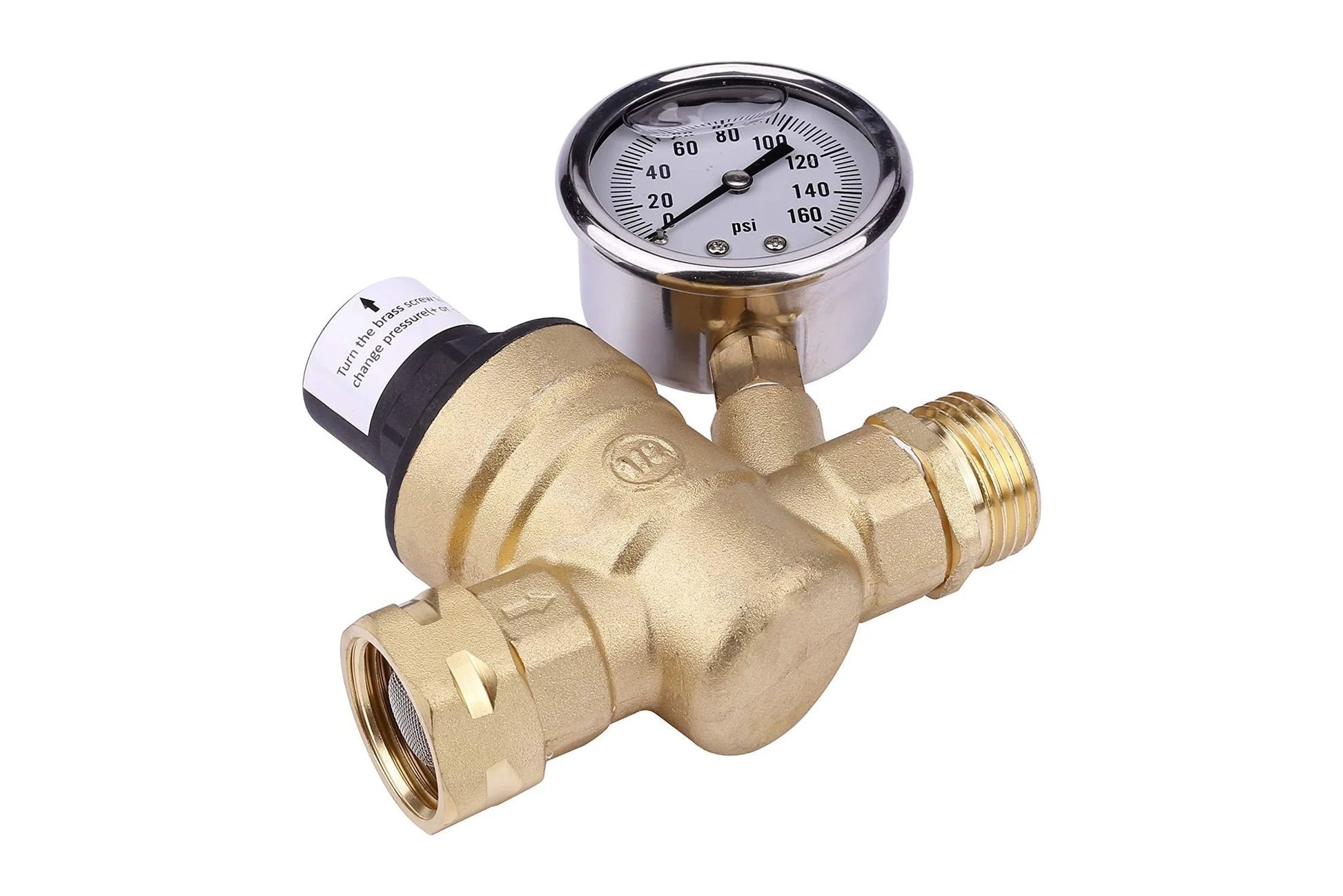 Brass RV Water Pressure Regulator With Gauge, Adjustable From Zero To One Sixty PSI, Three Quarter Inch Hose Valve For RVs