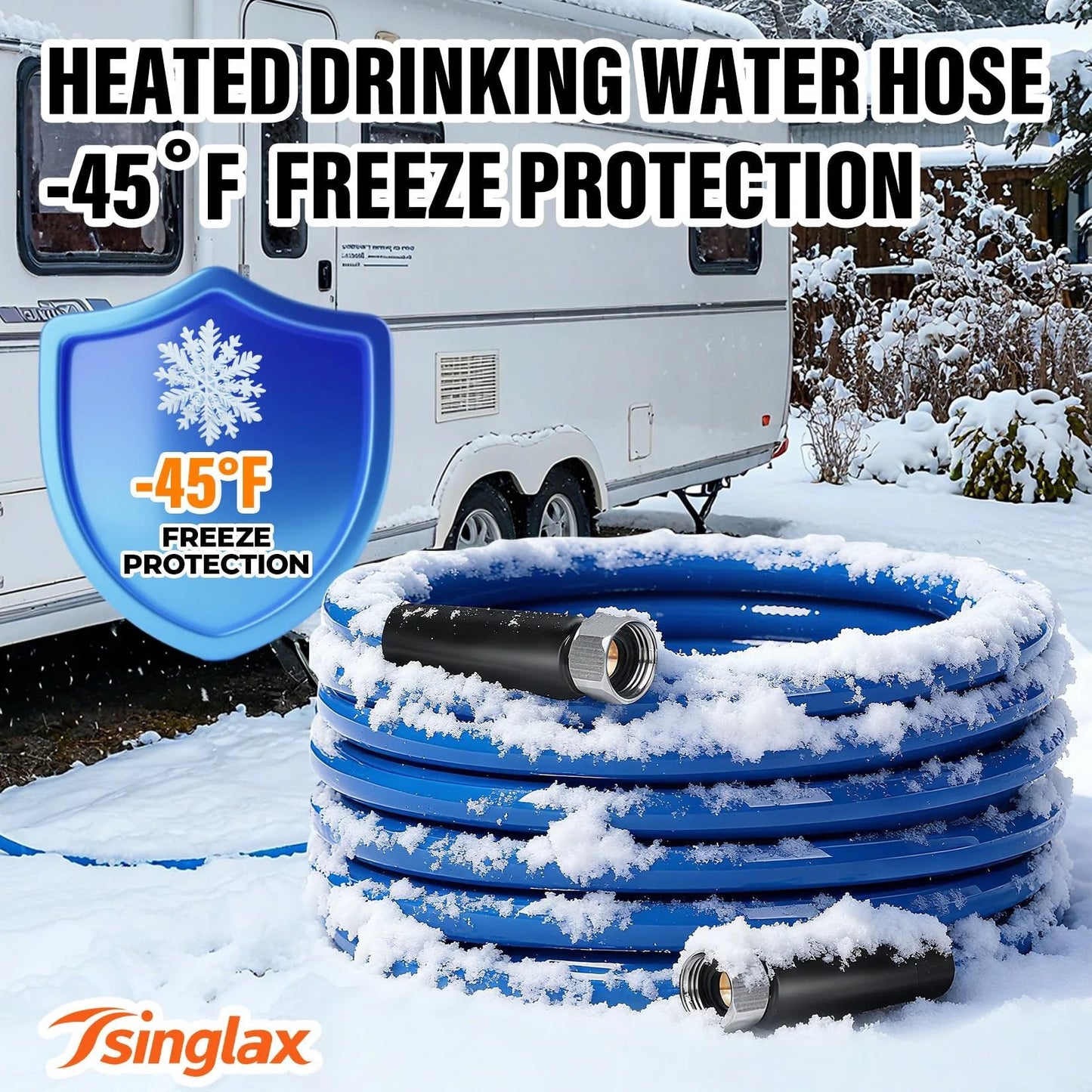 Heated Water Hose For RV And Outdoors 30ft With Minus Forty Five Degree Fahrenheit Freeze Protection Lead Free And BPA Free Drinking Water Safe Ideal For Campers Garden Livestock And Home Use With Smart Temperature Control in snow