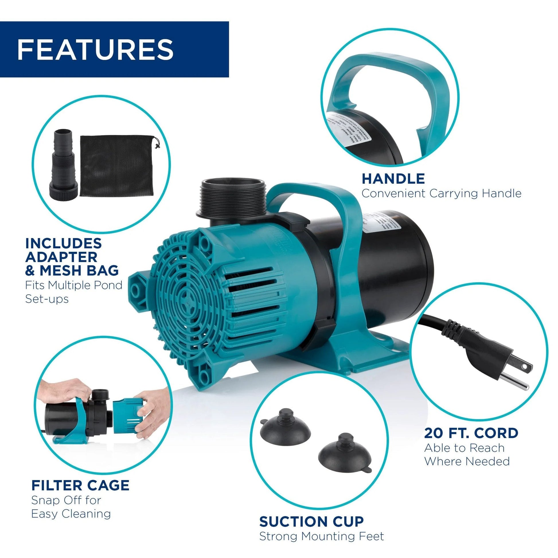 Beast 3000 GPH Vortex Submersible Pump For Ponds Waterfalls And Fountains Energy-Saving Durable Design Quiet Operation Black Teal Finish Alpine PEG3000 Powerhouse Performance with features including handle, adapter, mesh bag, and suction cup.