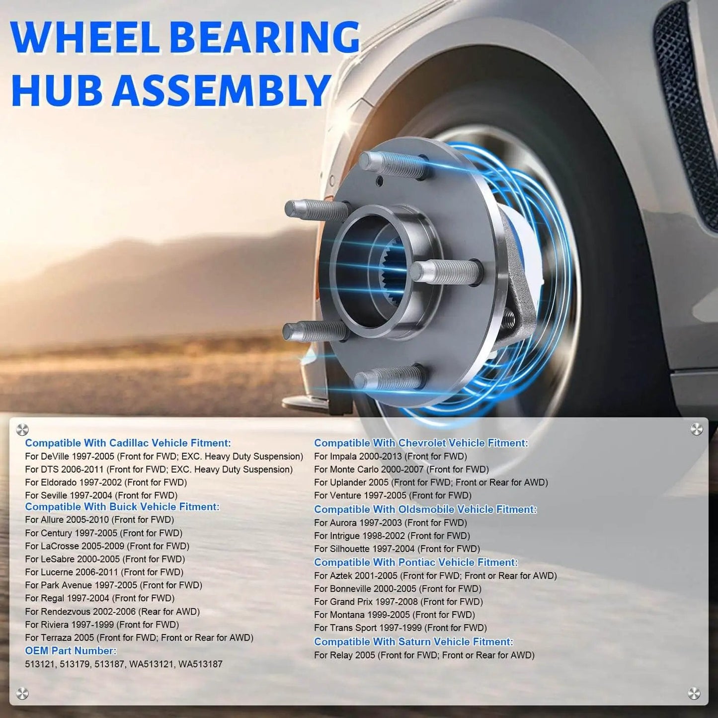 2 Pack Front Wheel Hub Bearing Assembly 513121 5-Lug, compatible with Buick Allure, Cadillac DTS, Chevy Impala, Monte Carlo.