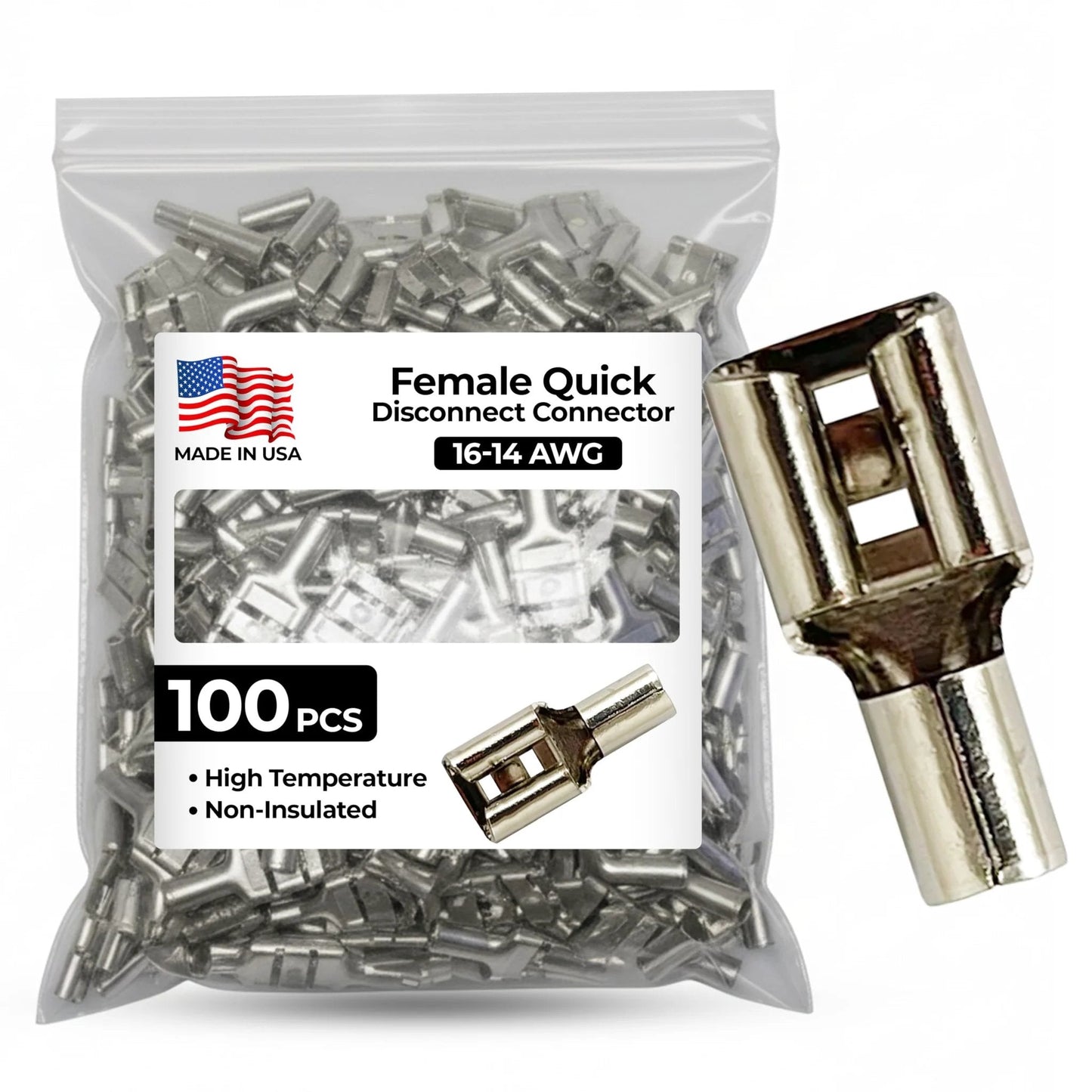 High Temperature Non Insulated Female Spade Connectors Set For 16 To 14 Gauge Quick Disconnect One Quarter Inch Tab 100 Piece Pack Durable Nickel Plated Steel Made In USA