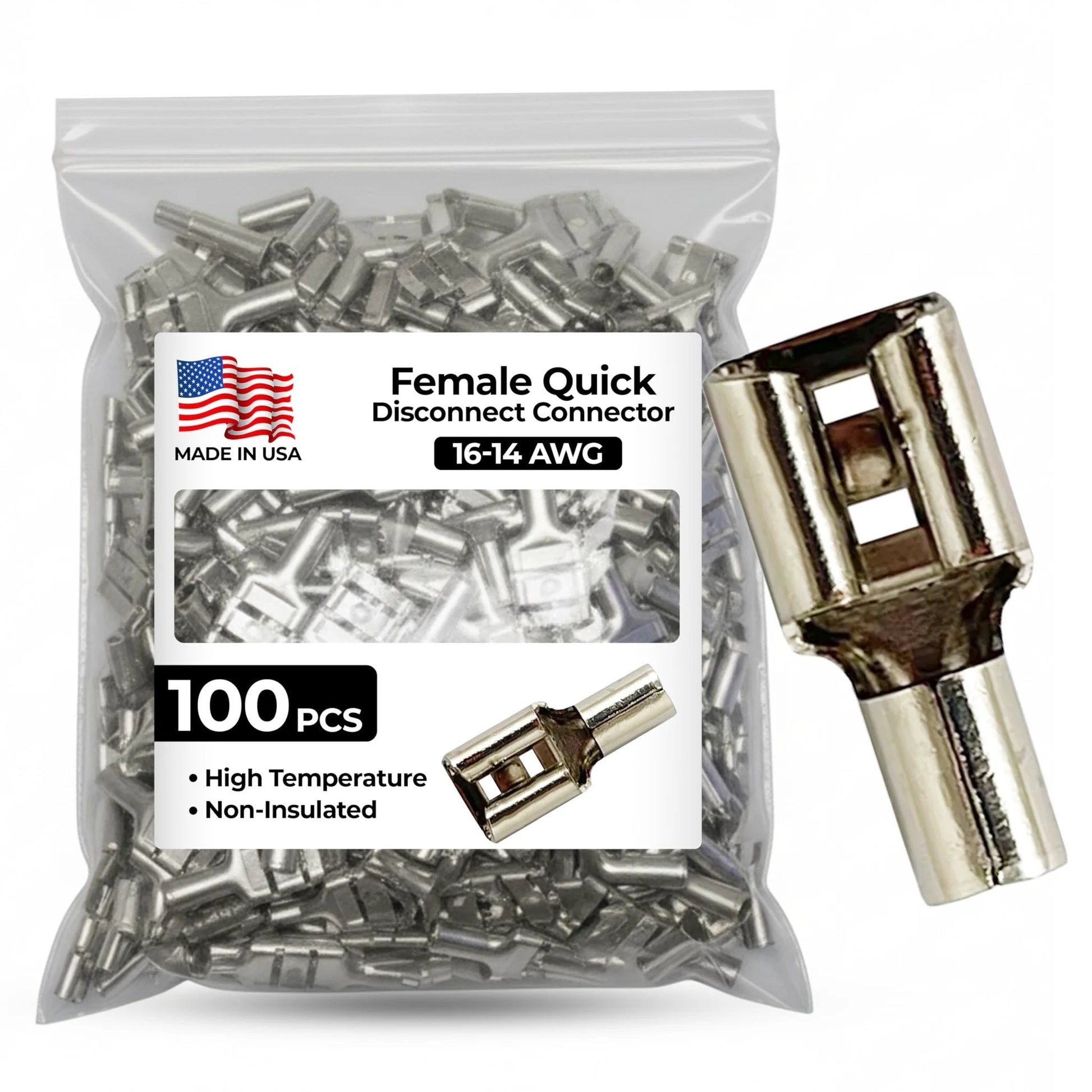 High Temperature Non Insulated Female Spade Connectors Set For 16 To 14 Gauge Quick Disconnect One Quarter Inch Tab 100 Piece Pack Durable Nickel Plated Steel Made In USA