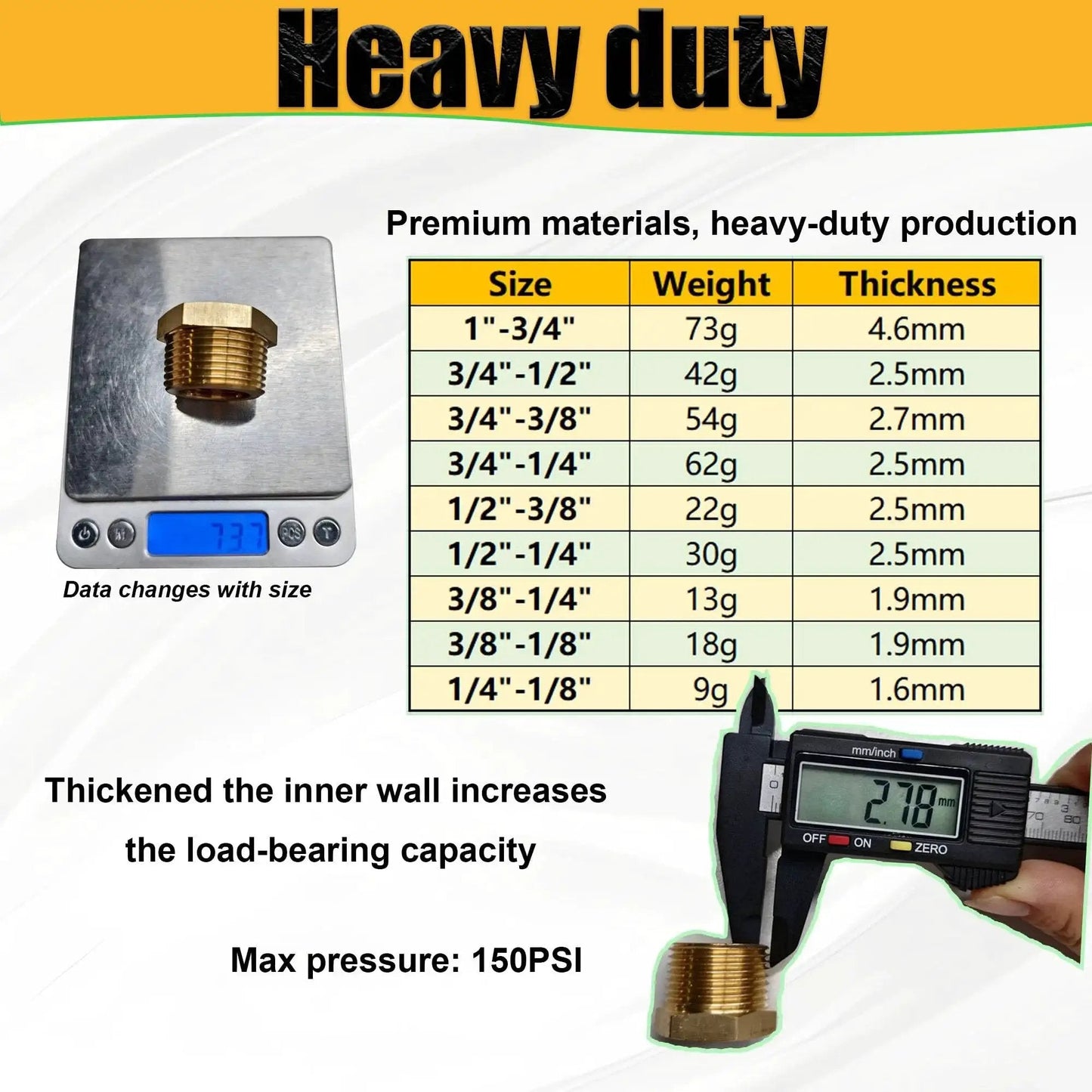Chart displaying sizes, weights, and thicknesses for Two Pack Beefy Brass Three Eighths Inch Male To One Quarter Inch Female NPT Reducer Bushing Fitting