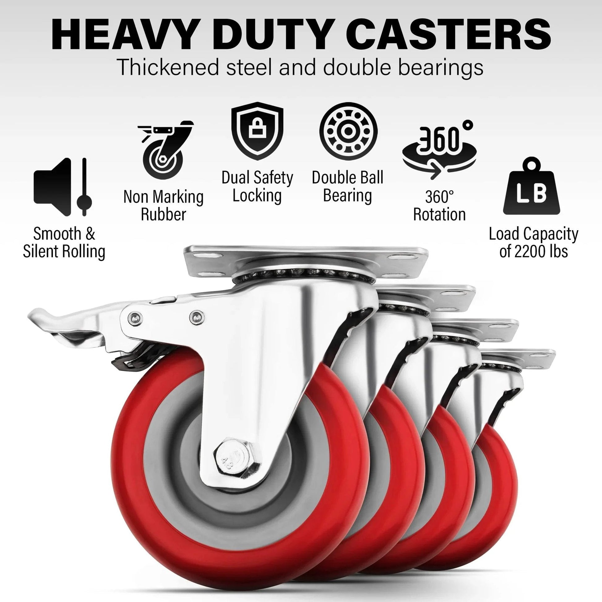 Heavy Duty 4 Inch Caster Wheels Set Of 4 With Brakes 2200 Lbs Load Capacity Lockable Cart Wheels 360 Degree Rotatable Non Marking