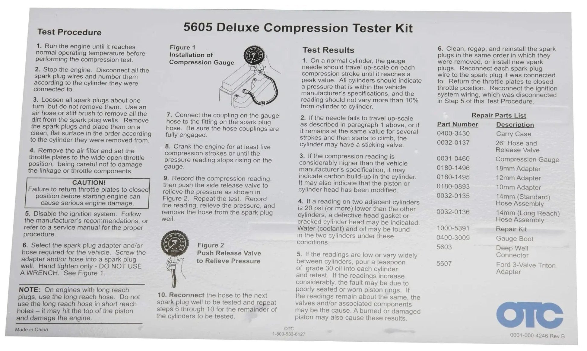 Instruction manual for Gasoline Engine Compression Tester Kit With Deep Well And Ford Triton Adapter, showing test procedures.