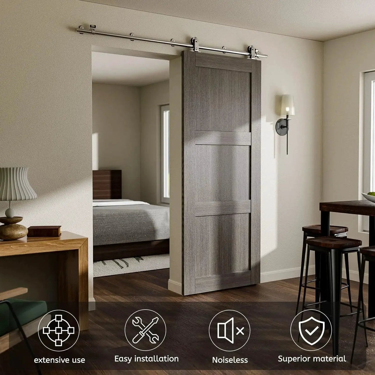5.5 Foot Stainless Steel Sliding Track Barn Door Hardware Kit for Single Door with Quiet Rollers in modern interior
