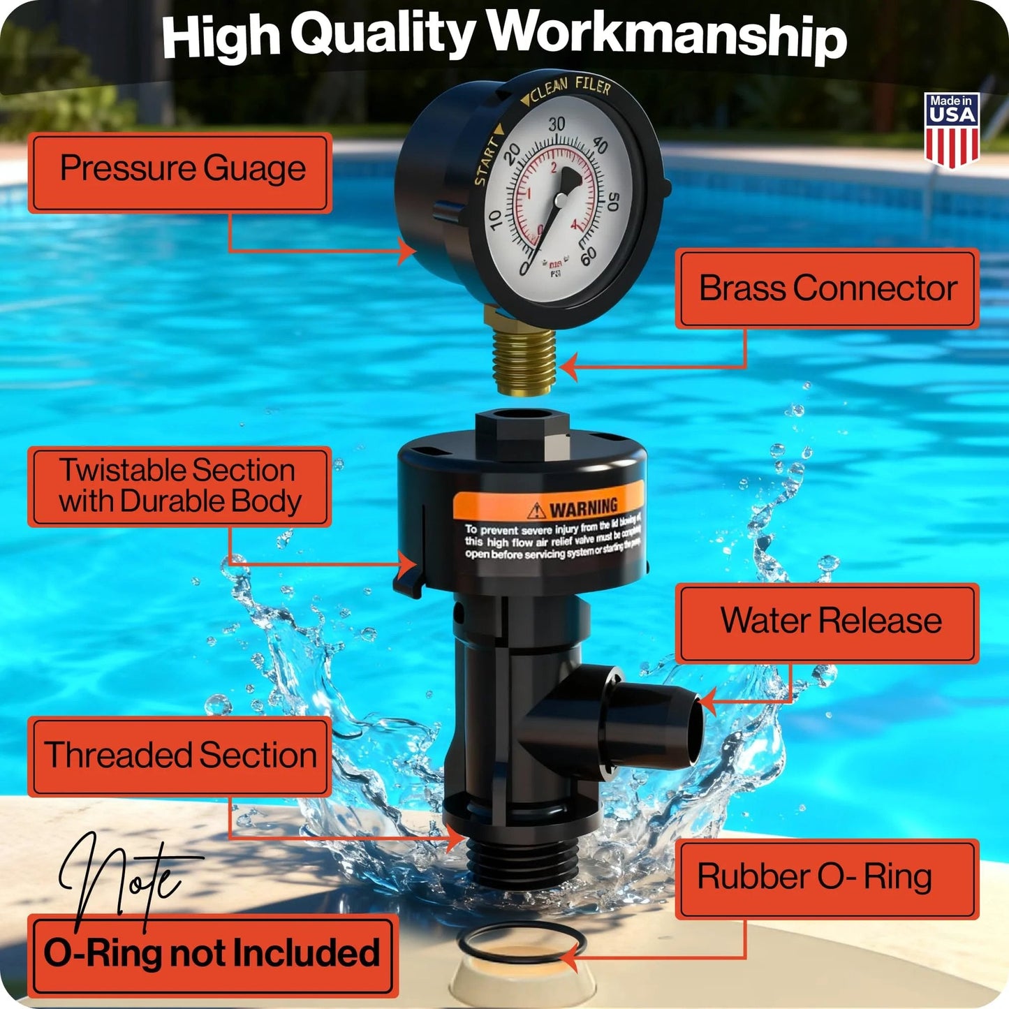 Air Relief Valve For Pentair Pool Filters Compatible With FNS FNS Plus Clean And Clear Quad DE 60 80 100 And 2000 4000 Series Replace 98209800 Swimables With Easy Install And Leak Proof Design For Smooth Pool Filter Operation with labeled parts including pressure gauge, brass connector, and rubber O-ring