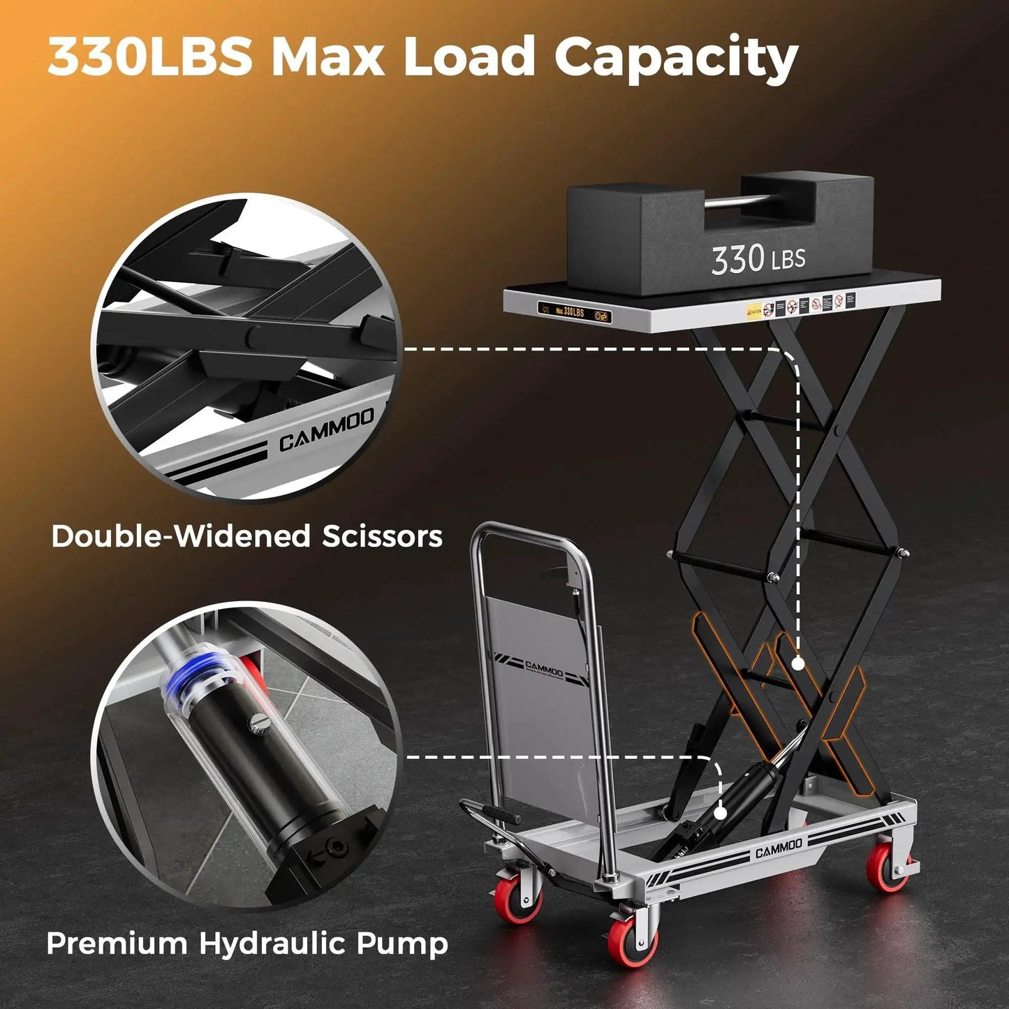 Hydraulic Lift Table Cart 330 Lbs Capacity 49.6 Inch Lift With Non Slip Pad featuring double-widened scissors and hydraulic pump