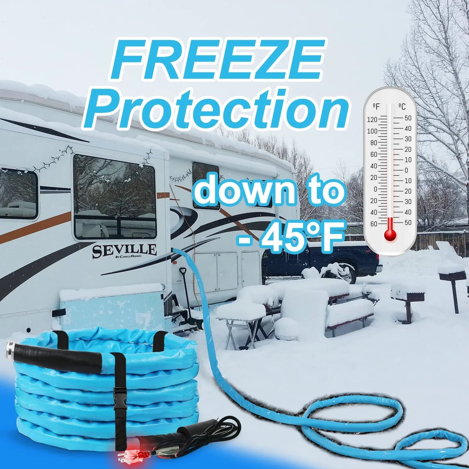RV Heated Water Hose For Campers, 30 Ft Long, Five Eighth Inch Inner Diameter, Upgraded 4.0 With Energy Saving Thermostat