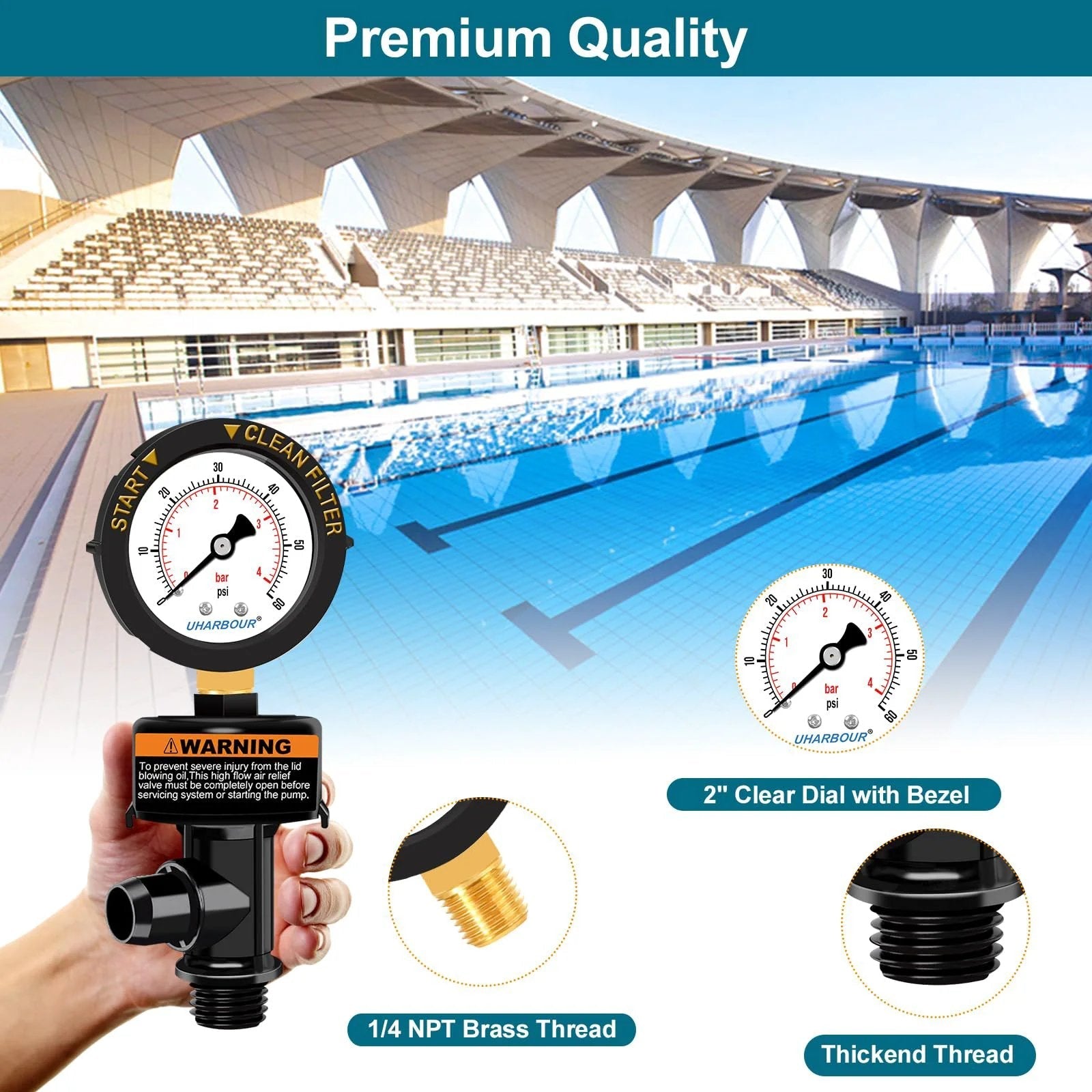 Air Relief Valve With Pool Filter Pressure Gauge 60 Psi held by hand, featuring clear dial, brass thread and thickened thread in front of pool