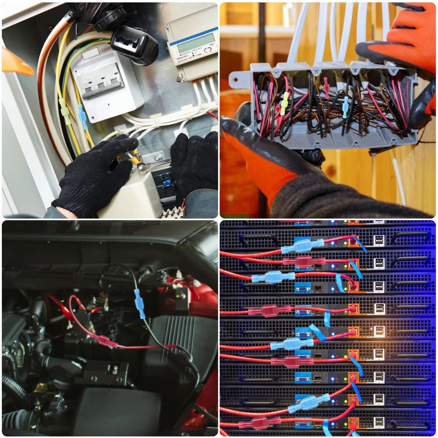 Blue Nylon Insulated Female Spade Connectors 16 To 14 AWG Quick Disconnect Terminal Crimp Connectors used in various wiring setups.