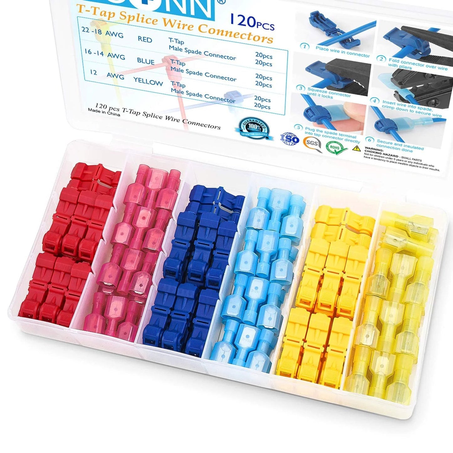 Self Stripping T Tap Wire Connectors 120 Pieces in Storage Case with Durable Copper Contacts, TICONN