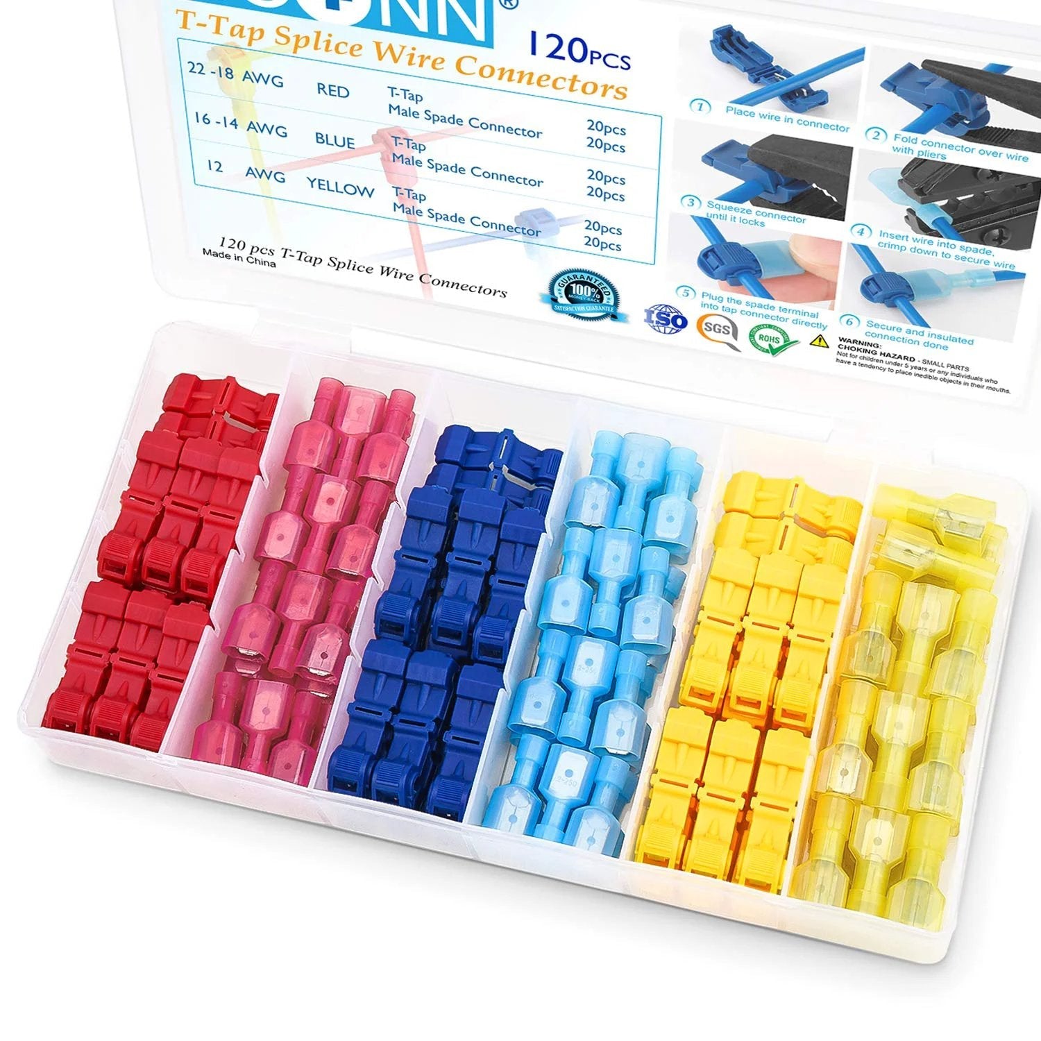 Self Stripping T Tap Wire Connectors 120 Pieces in Storage Case with Durable Copper Contacts, TICONN