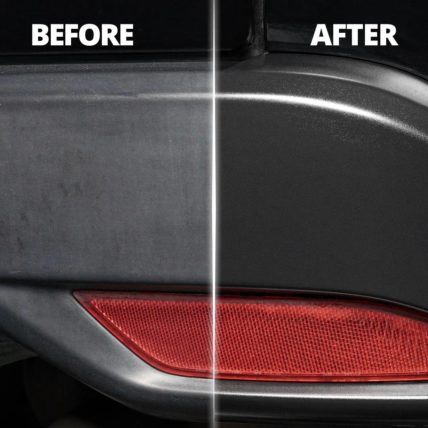 Comparison of plastic trim before and after using Ceramic Trim Coat Kit For Plastic Trim Restoration And UV Protection That Lasts 200 Plus Washes.