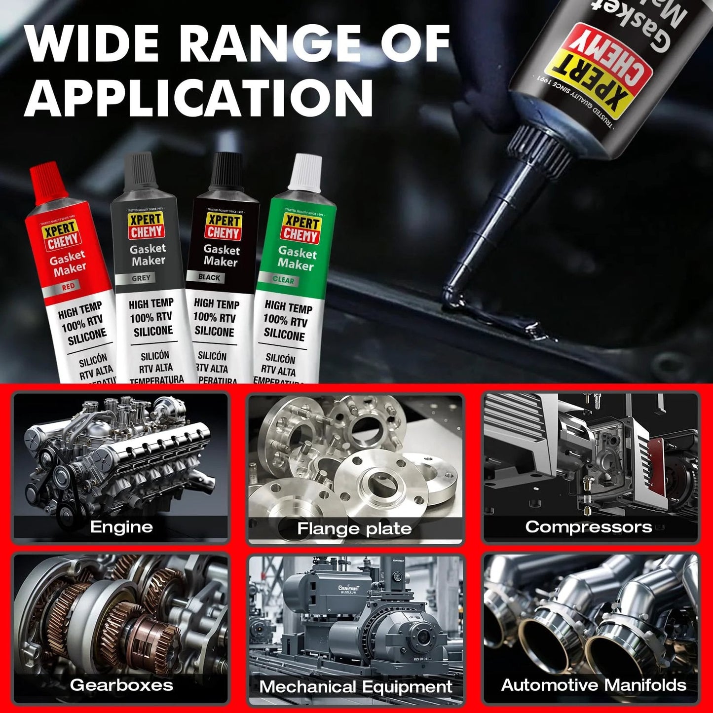 RTV Silicone Gasket Maker for Automotive High Temp Sealant Anti Freeze and Oil Resistant Bonding for Engines Gearboxes Pumps and Turbines Waterproof and Weather Resistant Black Sealant Pro Grade Heavy Duty Sealant tubes and application examples