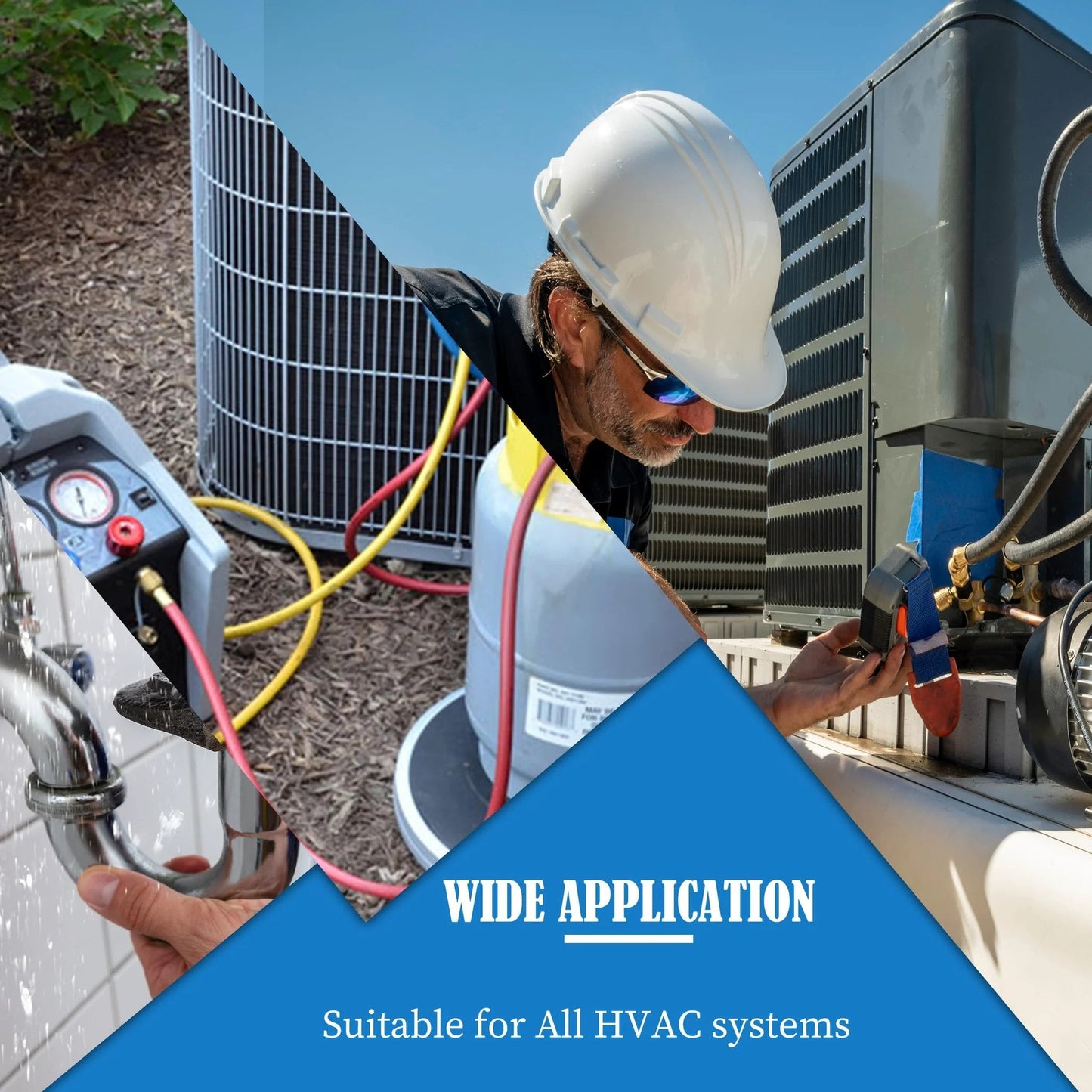 HVAC technician using Must Have HVAC Schrader Valve Kit For Vacuum Systems And Refrigeration Ten Piece Set on an AC unit