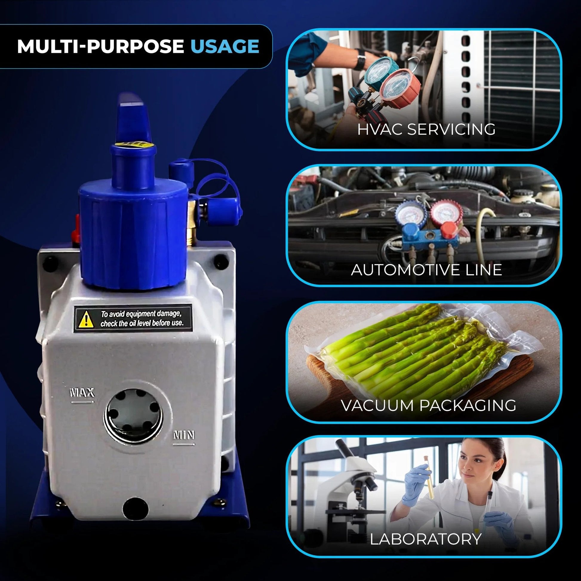 7 CFM Vacuum Pump For AC System HVAC One Half HP Automotive Vacuum Pump 110 Volt 60 Hertz Dual Inlet Ports