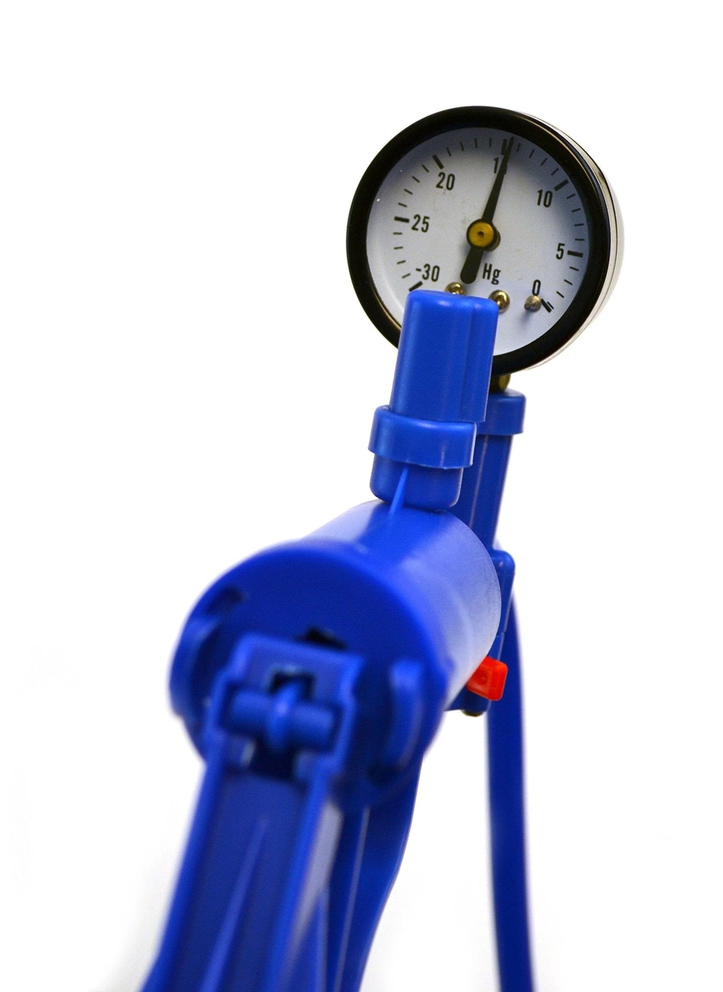 Close-up of a blue handheld vacuum pump with gauge and 19.5 inch tube, 725 ml air displacement, 15 ml pump rate, Hg gauge for precision vacuum readouts.