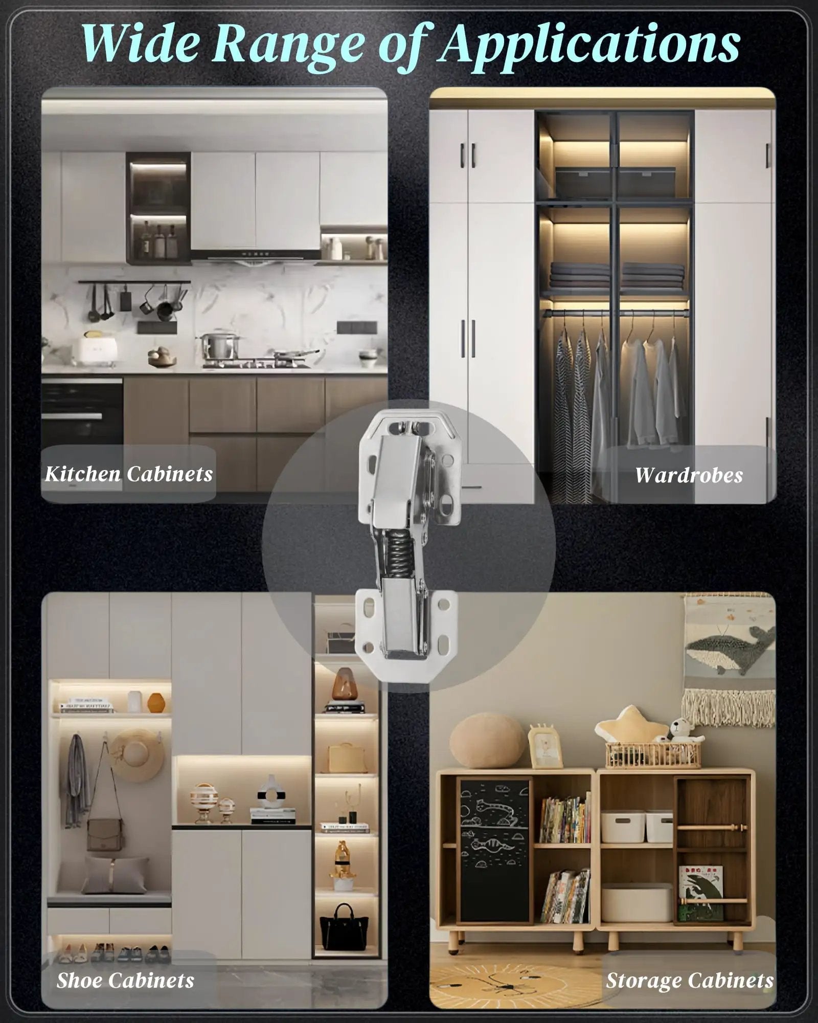 No Cup Hole Needed 4 Pack Soft Close Concealed Cabinet Hinges for overlay and inset doors shown in various cabinet applications