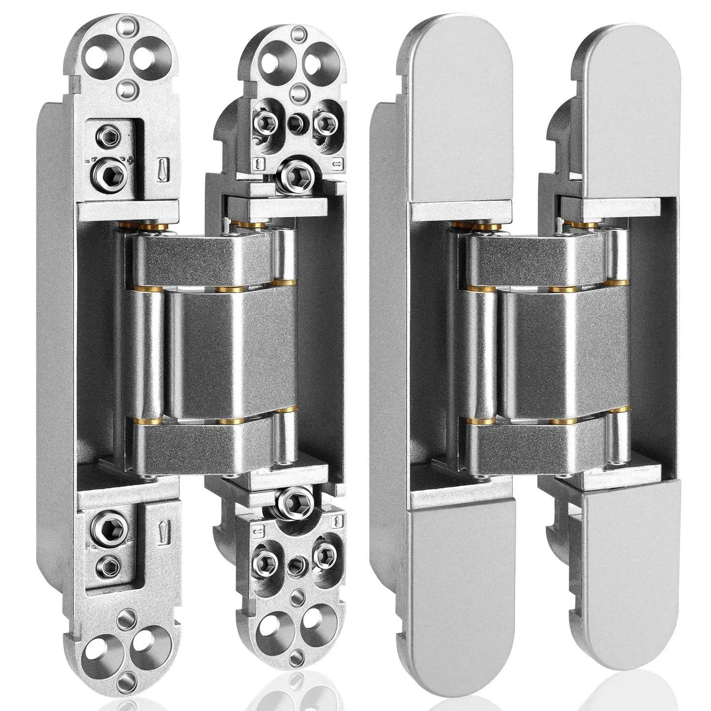 Hidden Door Hinges Set Two Pack Six Inch Three Way Adjustable Invisible Hinges With 180 Degree Swing Heavy Duty Concealed Hinges Load Bearing Up To 88 Lbs Silver Finish For Hidden Doors And Feature Walls, front view.