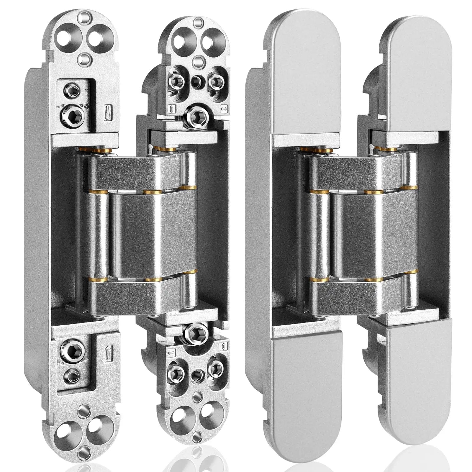 Hidden Door Hinges Set Two Pack Six Inch Three Way Adjustable Invisible Hinges With 180 Degree Swing Heavy Duty Concealed Hinges Load Bearing Up To 88 Lbs Silver Finish For Hidden Doors And Feature Walls, front view.