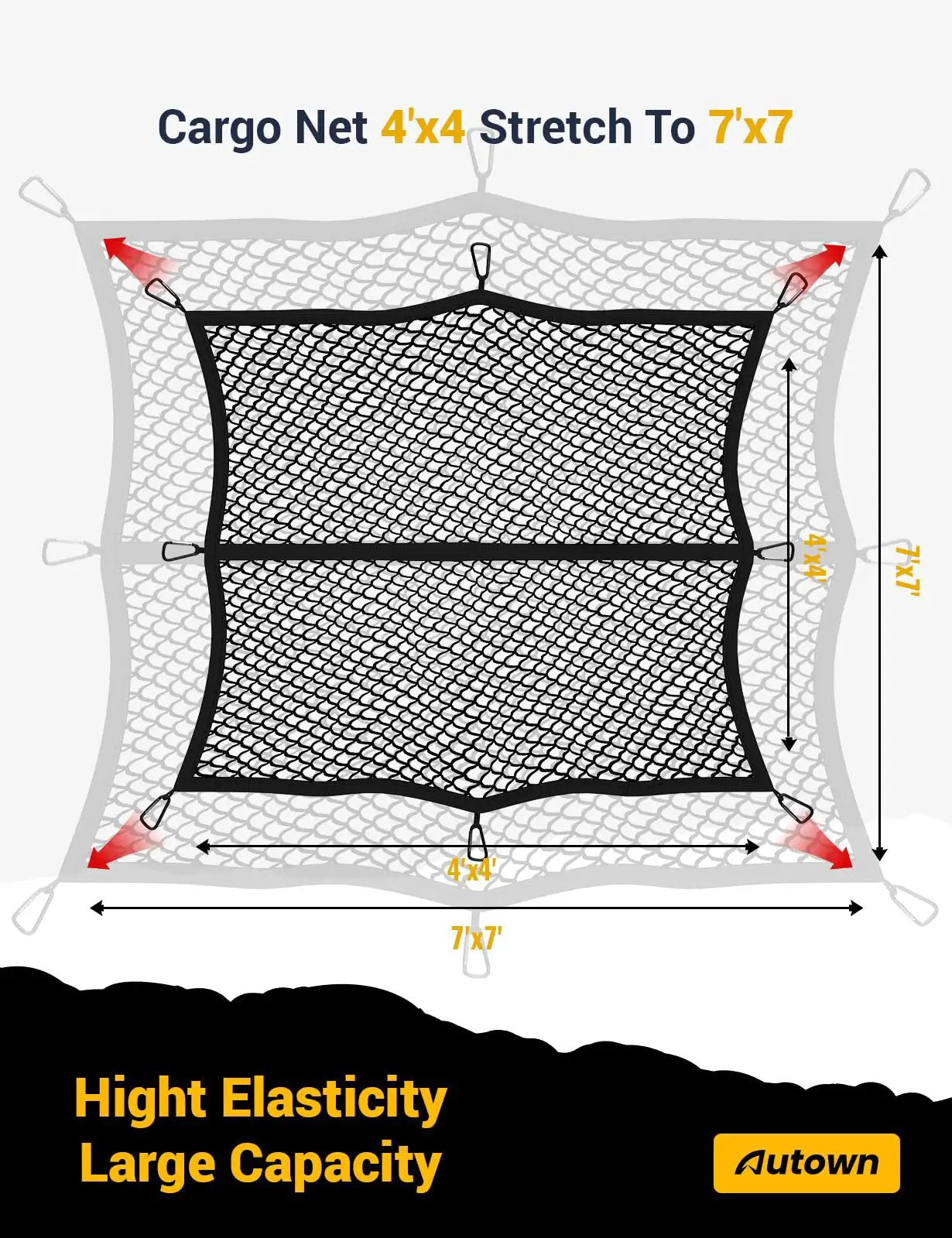 Heavy Duty Truck Bed Cargo Net Stretchable From 4x4 To 7x7 In 1x1 Inch Mesh With 8 Metal Carabiners flat view showing dimensions.