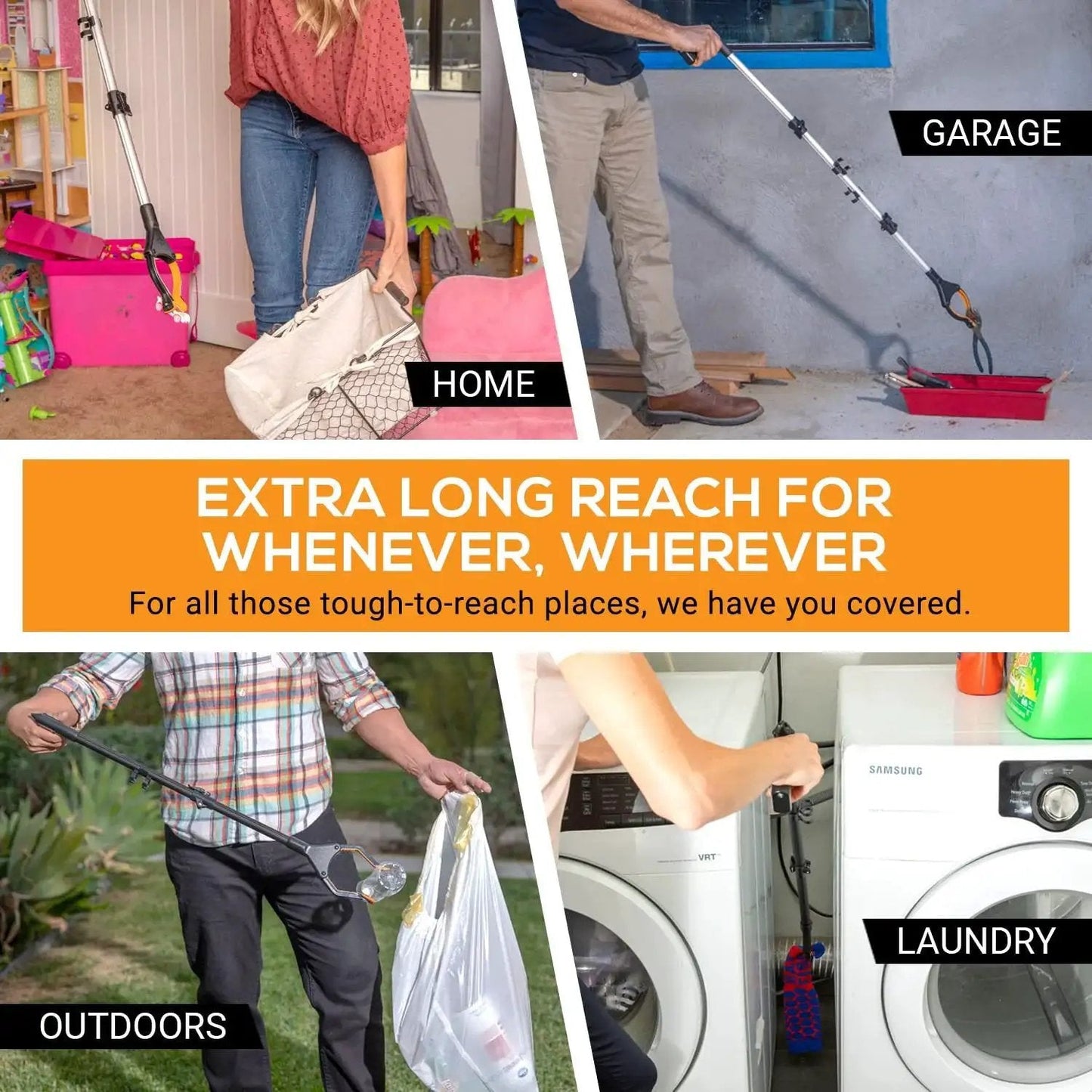 Foldable 43 Inch Grabber Reacher Tool for seniors with magnetic tip used in home, garage, outdoors, and laundry settings.