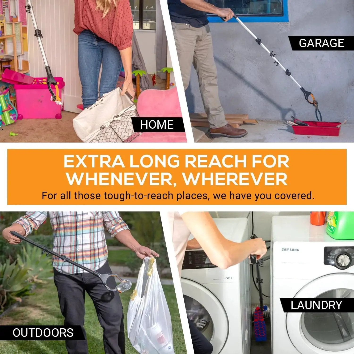 Foldable 43 Inch Grabber Reacher Tool for seniors with magnetic tip used in home, garage, outdoors, and laundry settings.