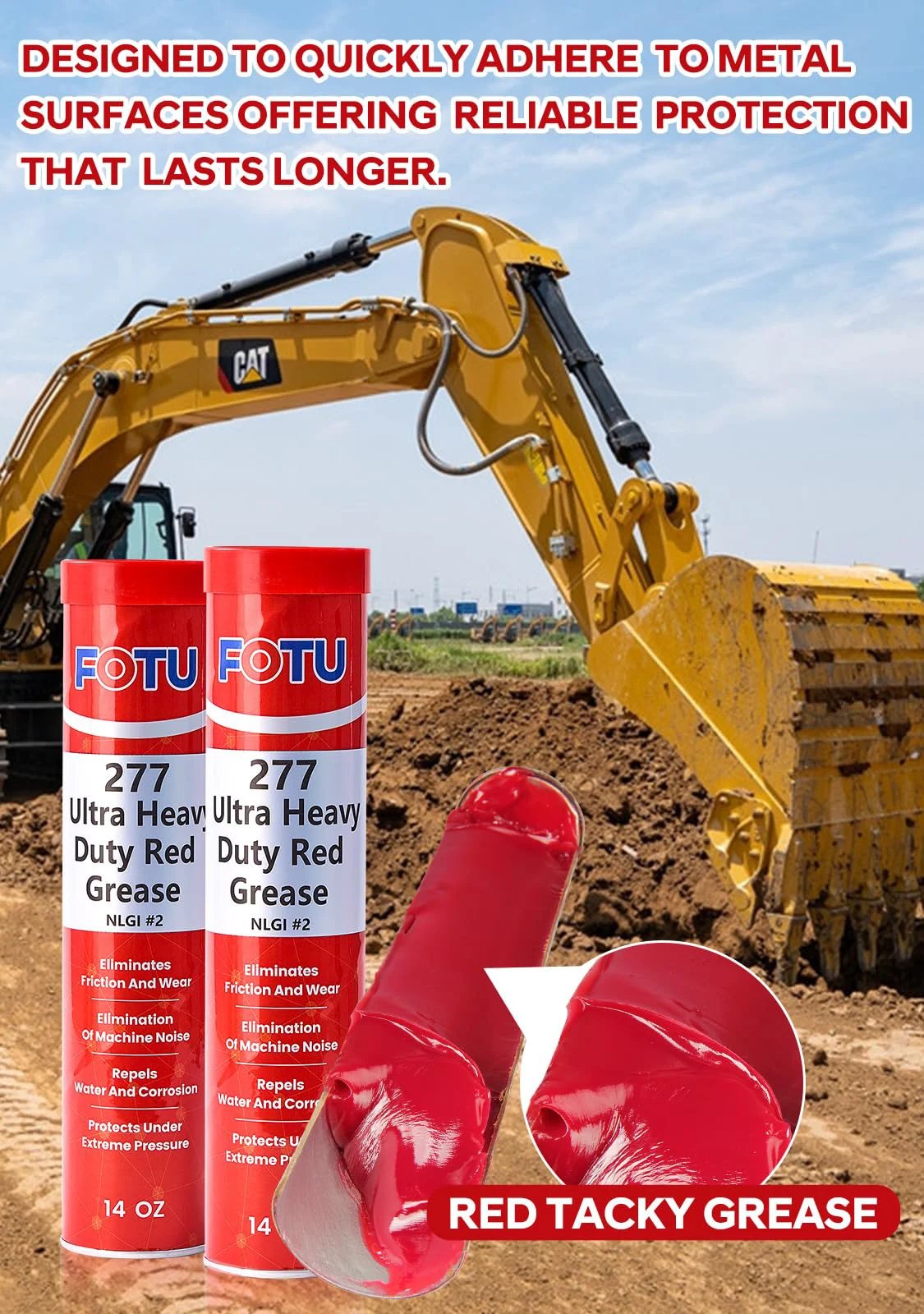 Ultra Heavy Duty Red Wheel Bearing Grease Two Lithium Complex, Multi Purpose Lubricant Built For Tough Conditions, Two 14oz Tubes with construction equipment in background