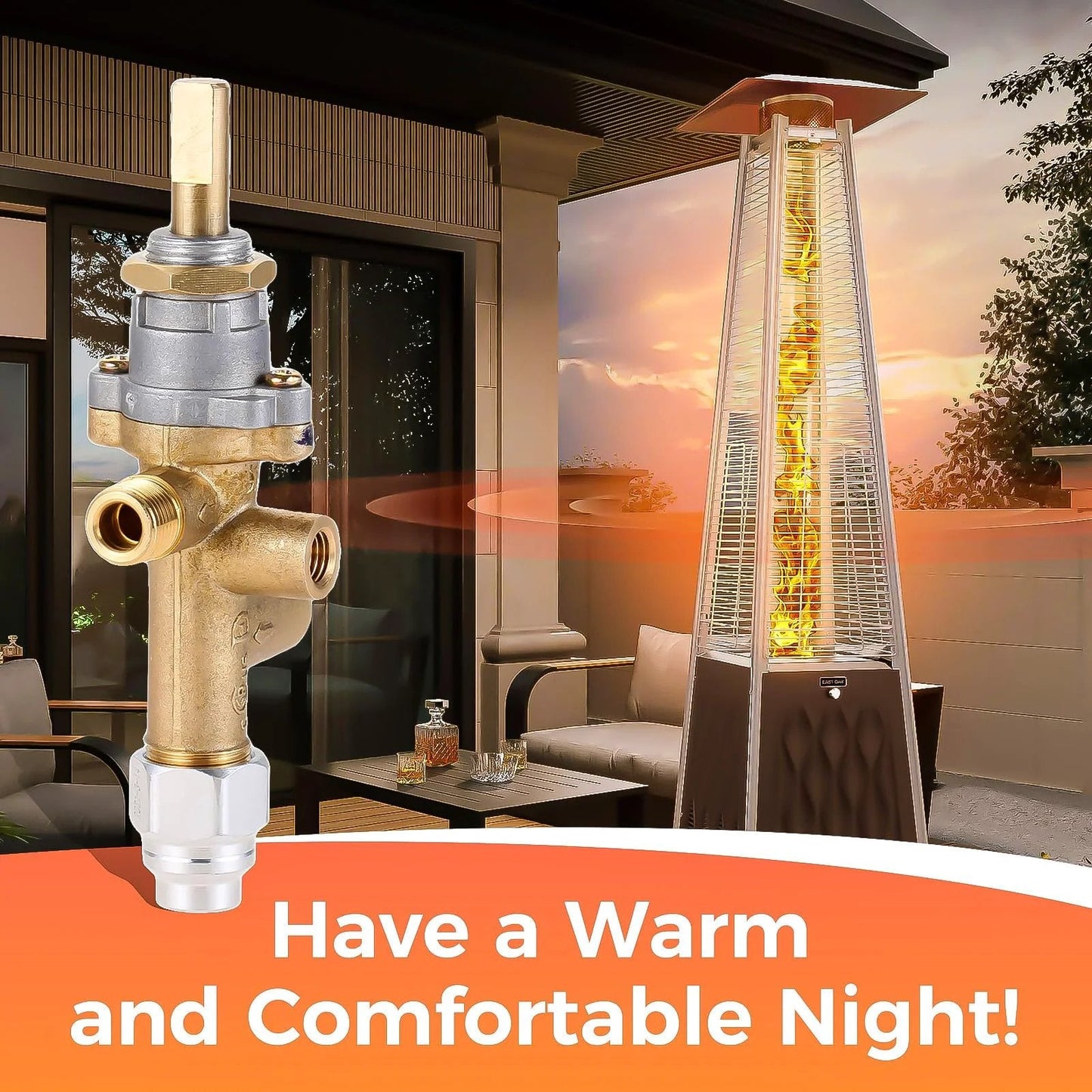 Propane Patio Heater Repair Kit With Thermocouple Sensor And Dump Switch Controls Safety Kit Main Control Valve With Pilot Port Replacement Parts For Low Pressure Heaters Easy Install And Durable Performance displayed near outdoor heater.