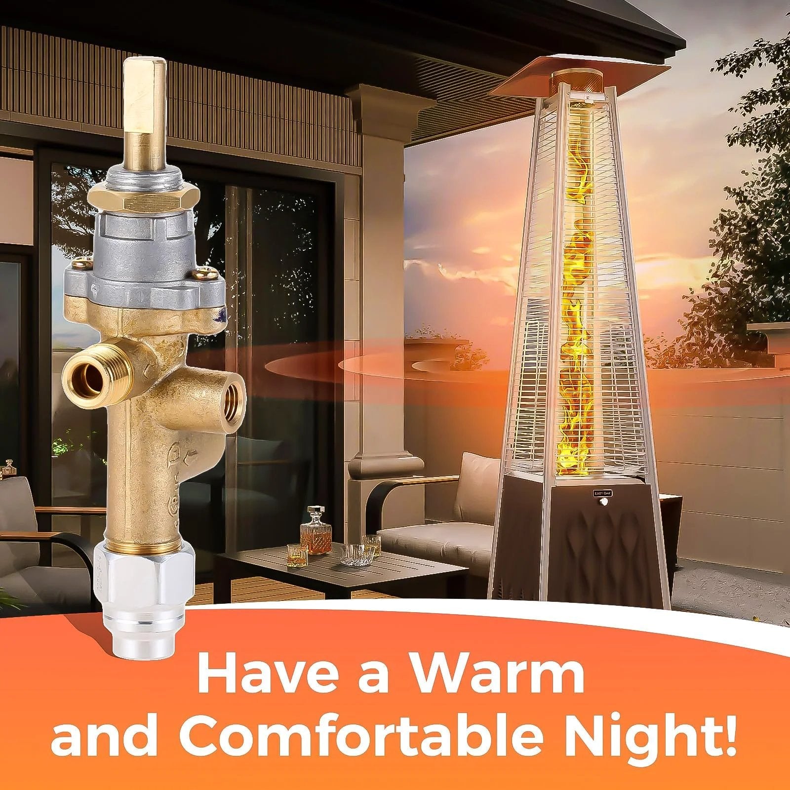 Propane Patio Heater Repair Kit With Thermocouple Sensor And Dump Switch Controls Safety Kit Main Control Valve With Pilot Port Replacement Parts For Low Pressure Heaters Easy Install And Durable Performance displayed near outdoor heater.